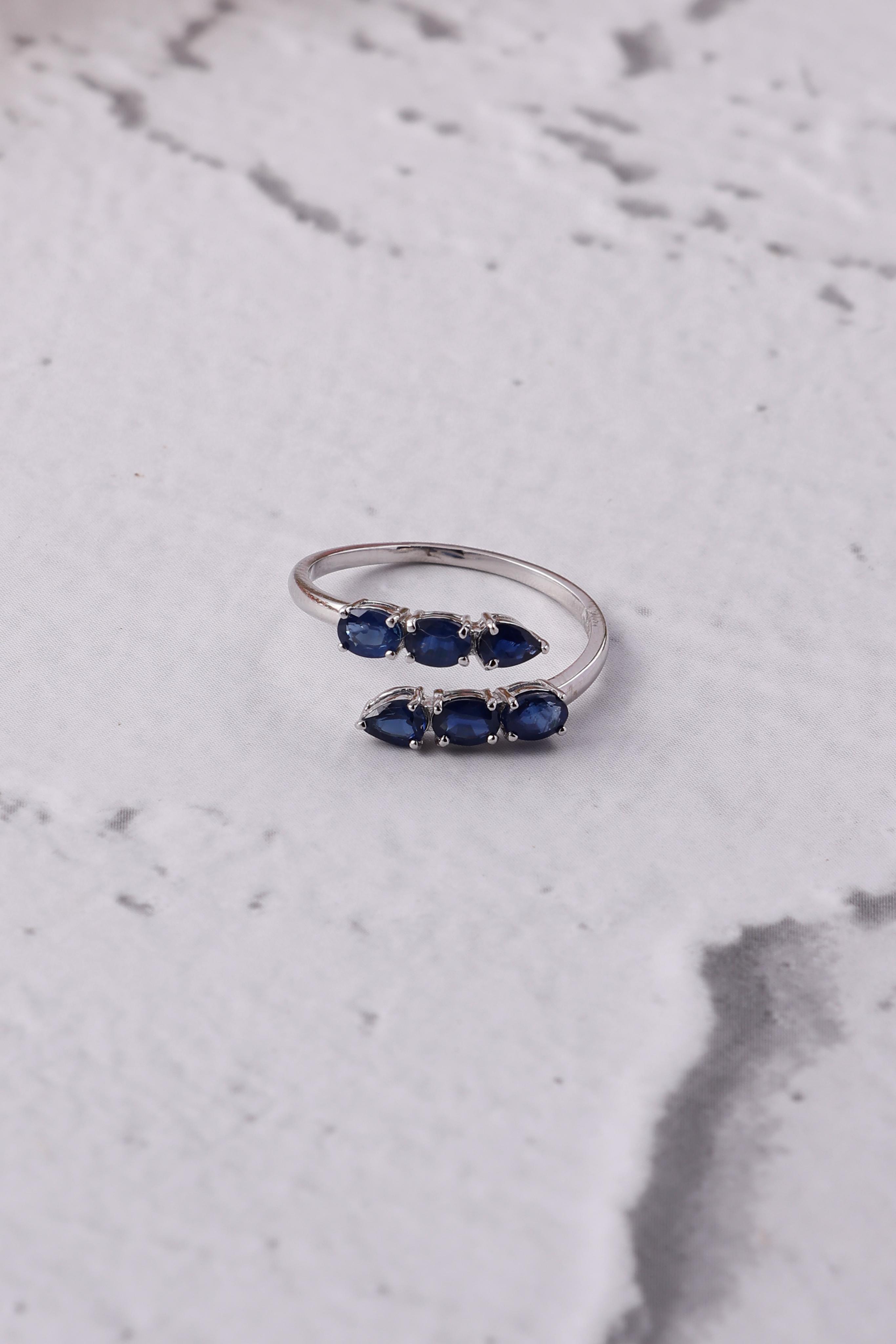 14K Gold Blue Sapphire Huggie Ring: Three stones unique design Ring