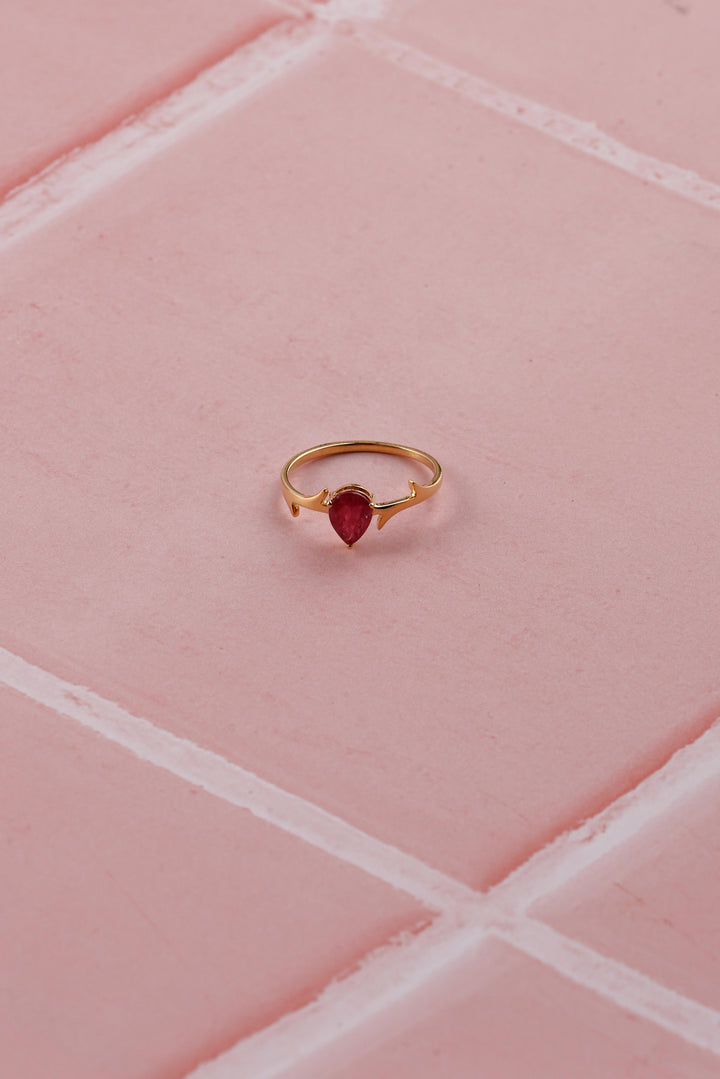 14K Gold Natural Ruby Pear Ring: Dainty Eternity Unique Designer Ring