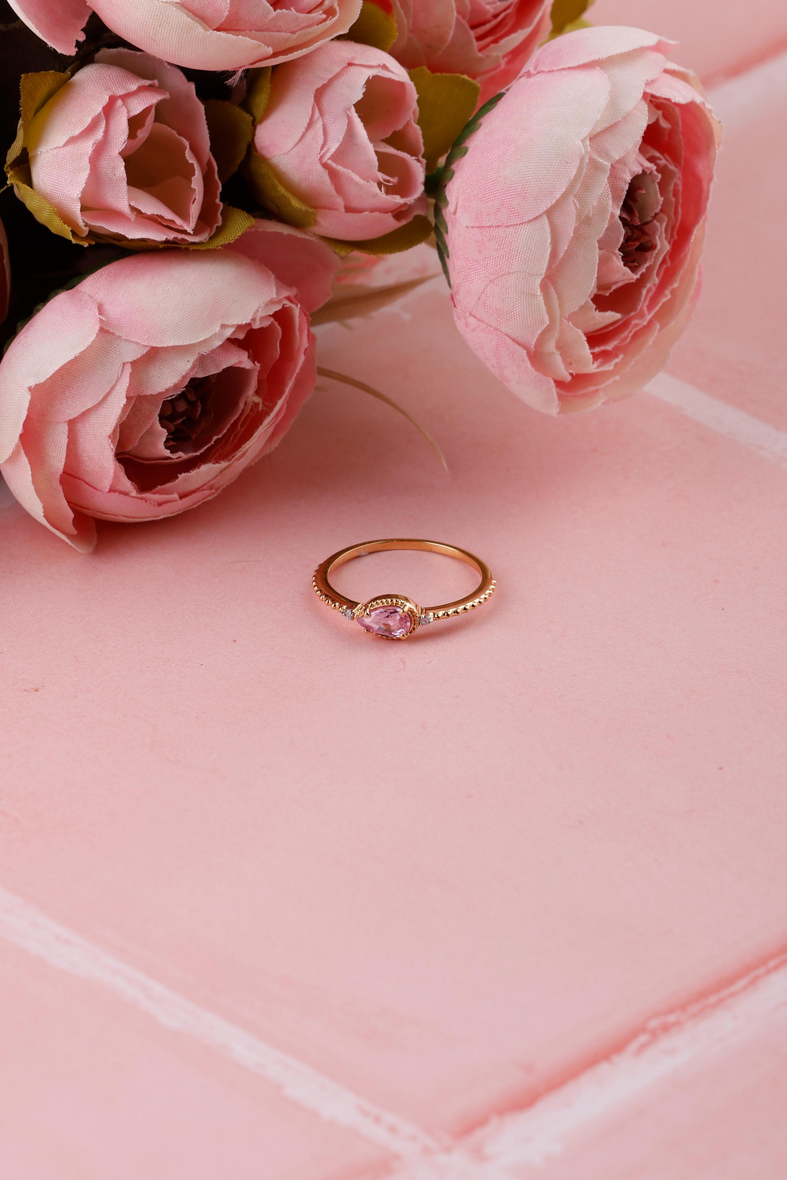 Dakota Johnson inspired 14K Gold Pink Sapphire Ring: Diamond Accent, Dainty Design