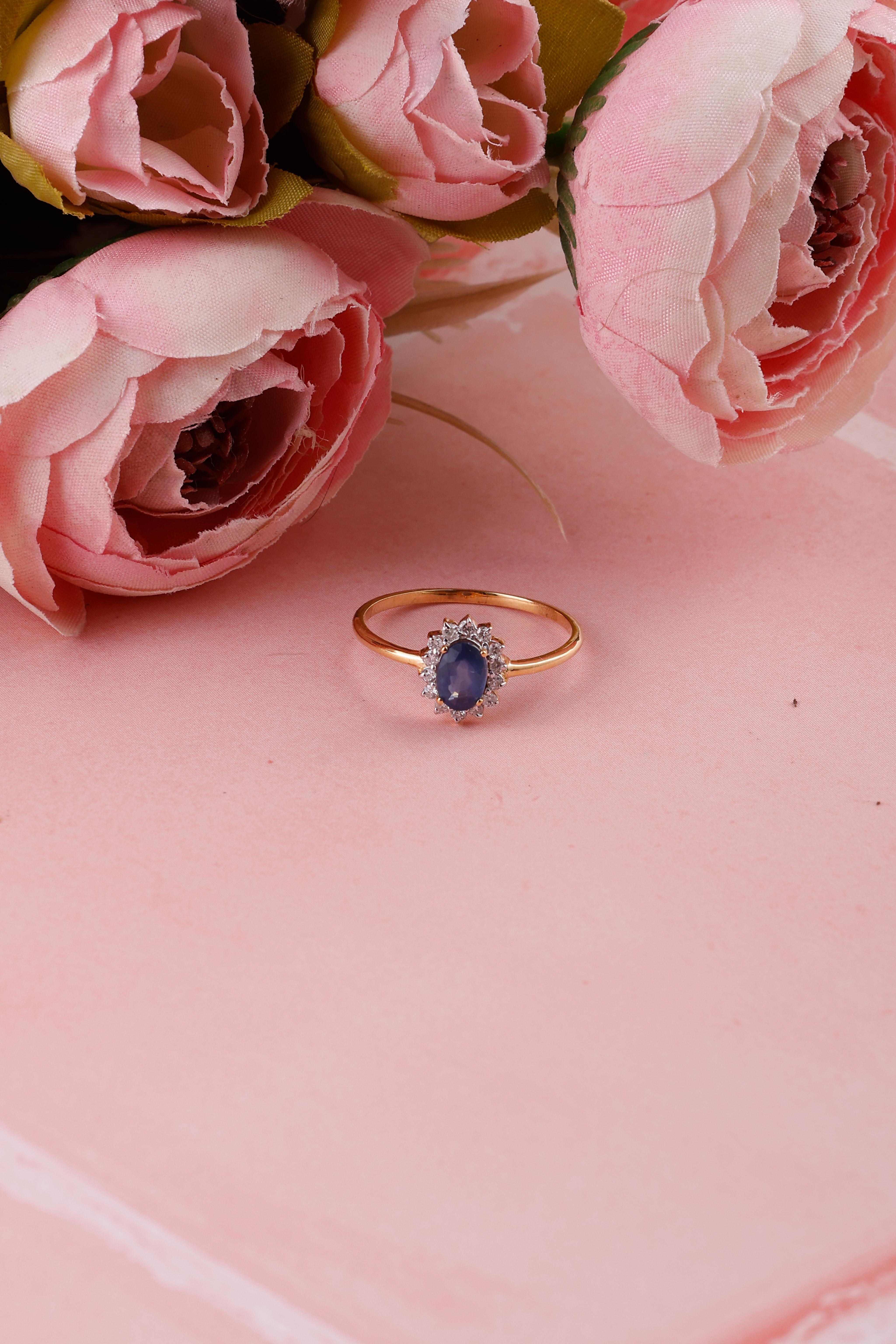 Sunflower Design 14K Gold Ring Oval Blue Sapphire & Diamond Accent
