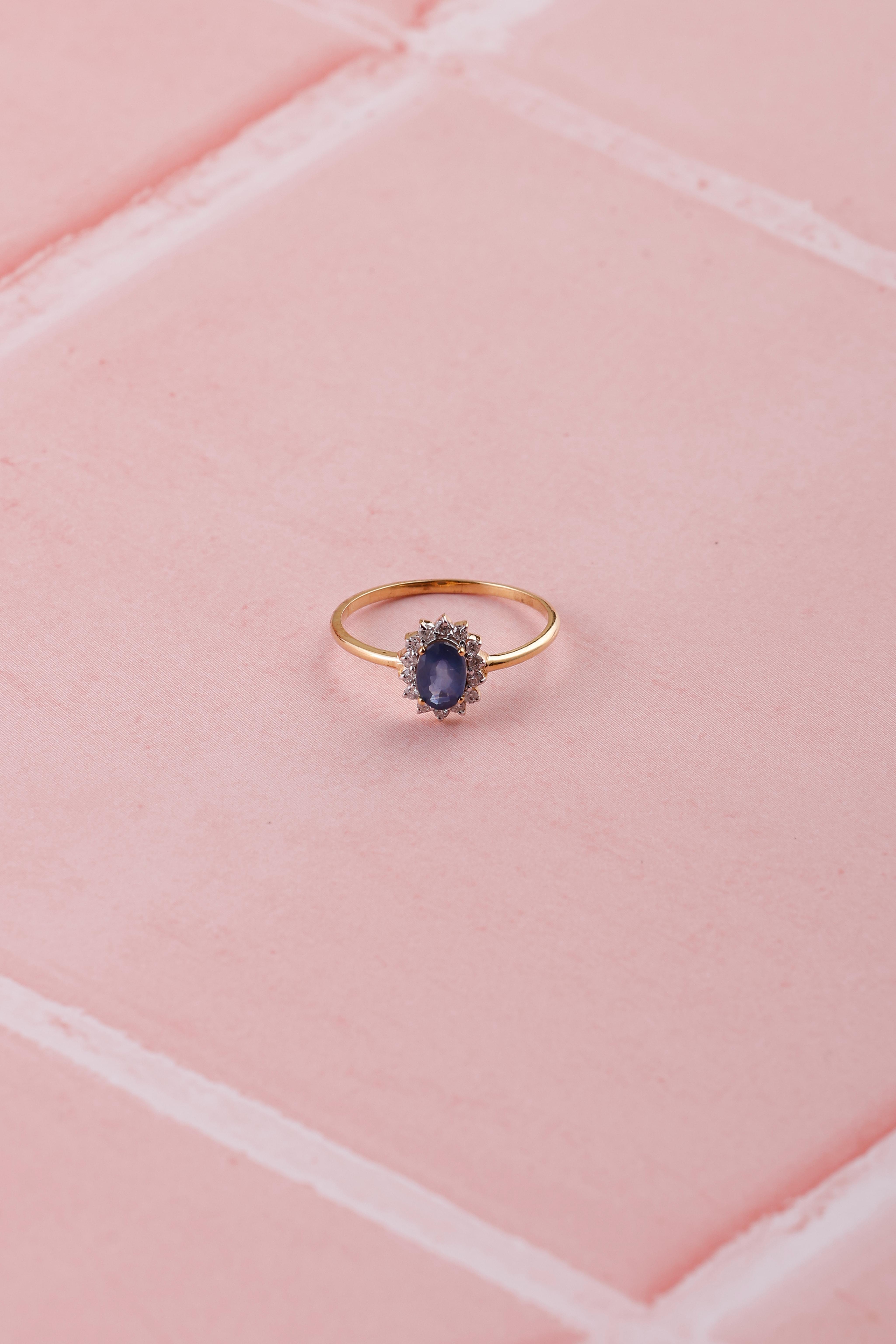 Sunflower Design 14K Gold Ring Oval Blue Sapphire & Diamond Accent
