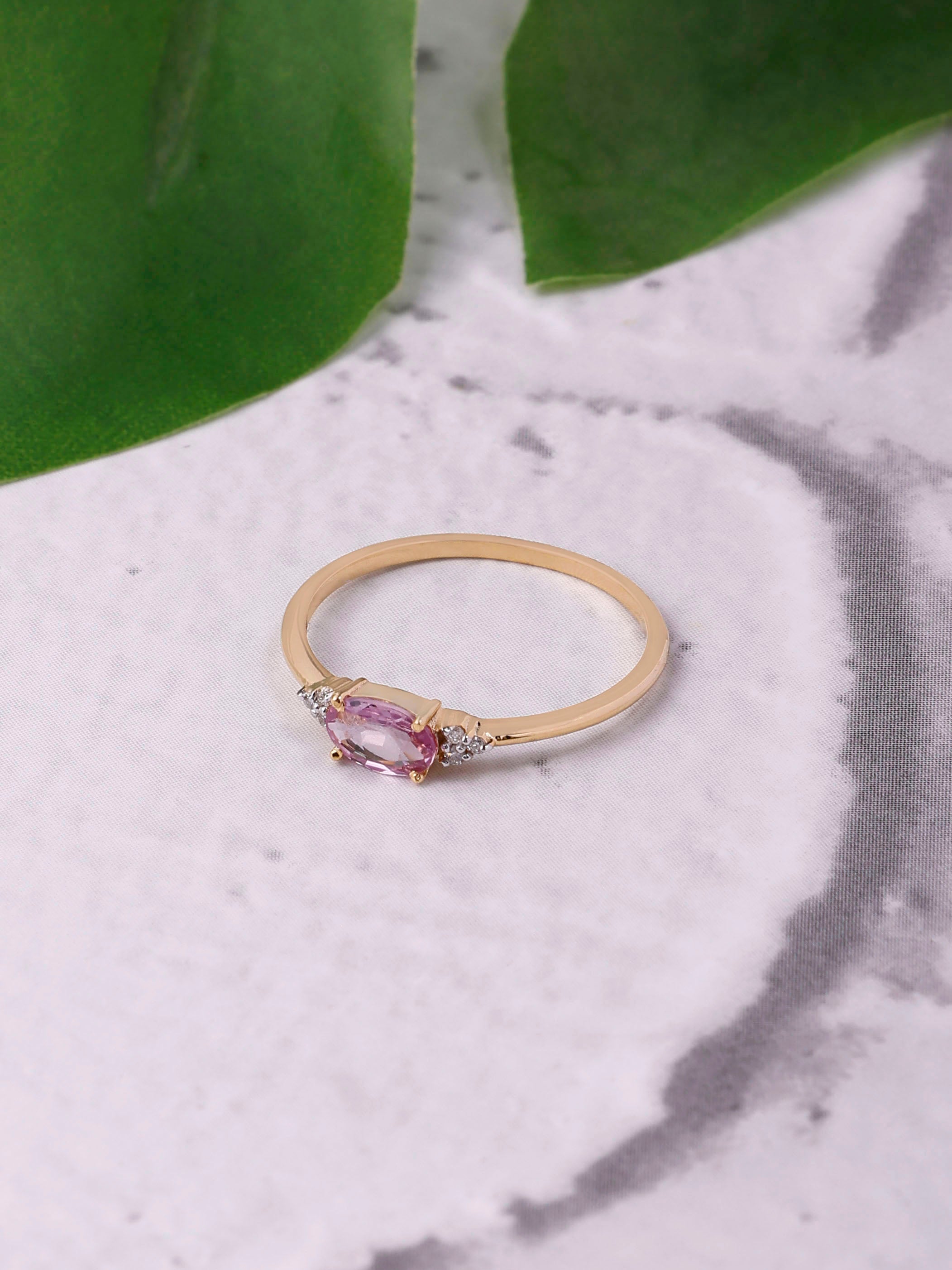 14K Gold Pink Sapphire Ring: Diamond Accent, Dainty Design