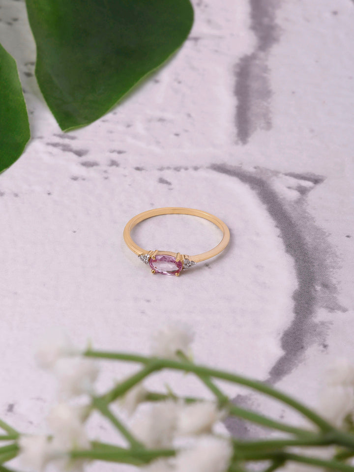 14K Gold Pink Sapphire Ring: Diamond Accent, Dainty Design