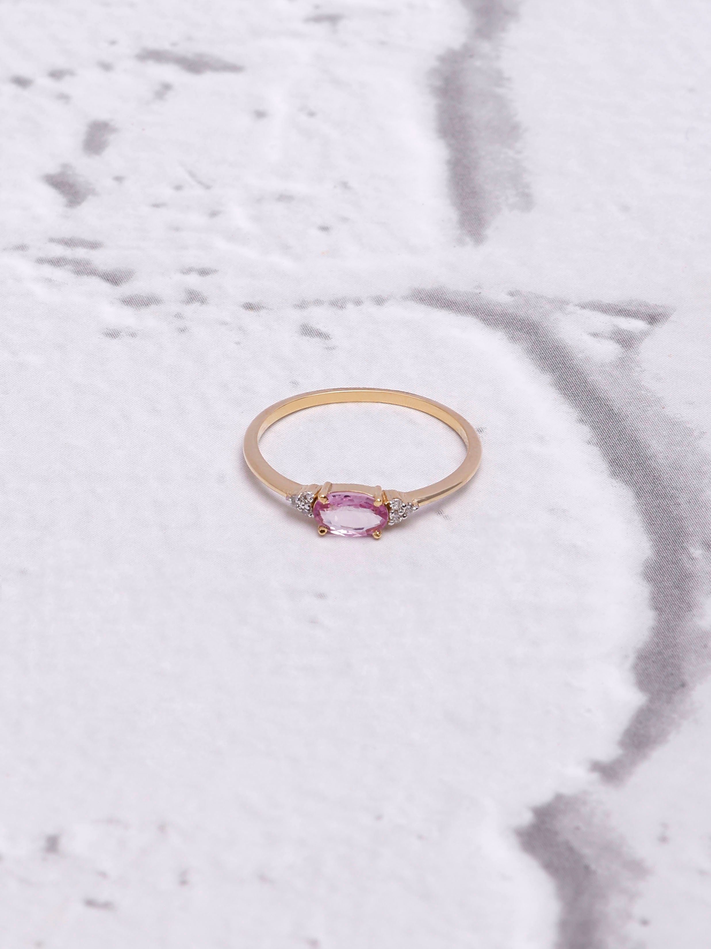 14K Gold Pink Sapphire Ring: Diamond Accent, Dainty Design