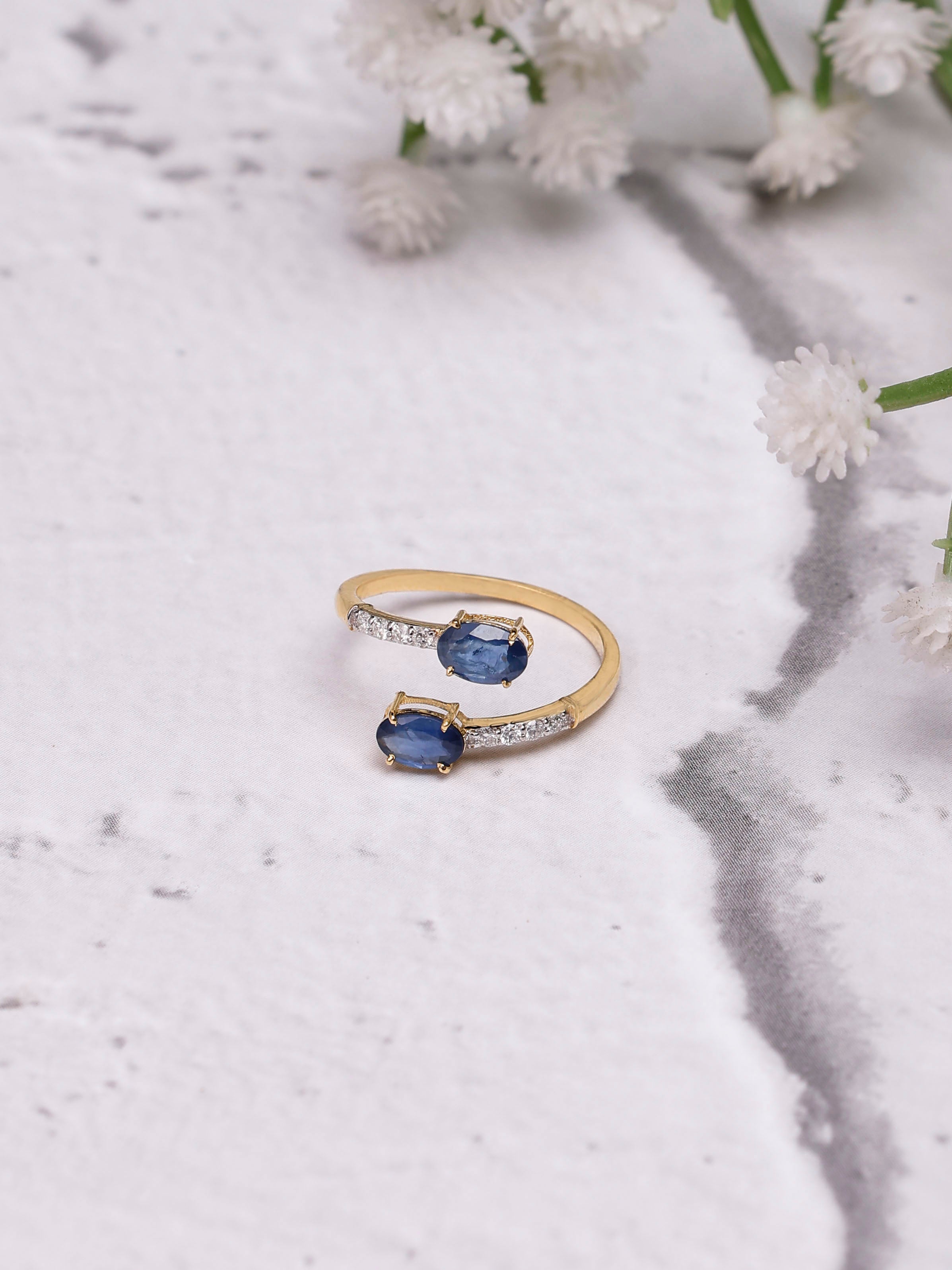 14K Gold Huggie Ring: Oval Blue Sapphire & Diamond Accent