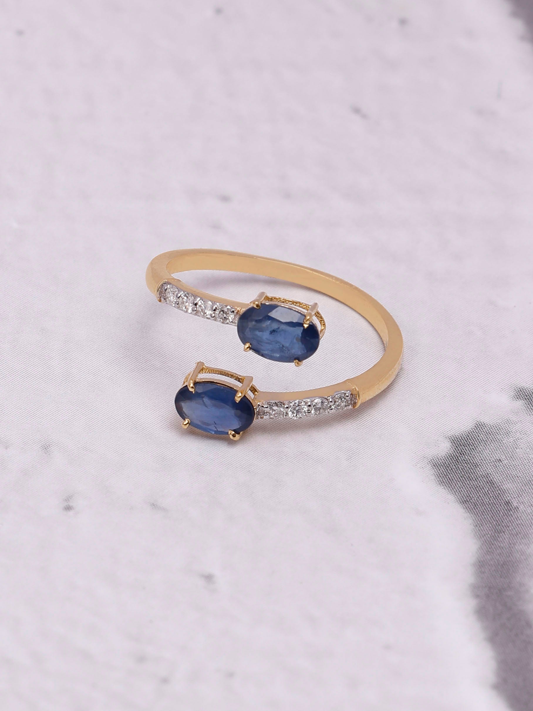 14K Gold Huggie Ring: Oval Blue Sapphire & Diamond Accent