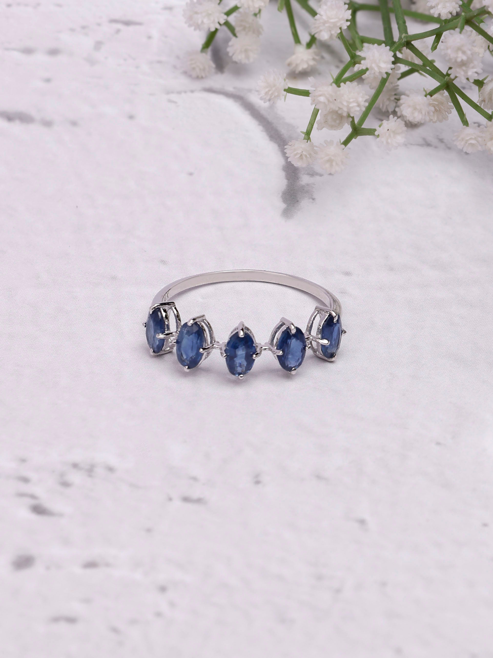 Oval Blue Sapphire 14K Gold Half Eternity Ring Band