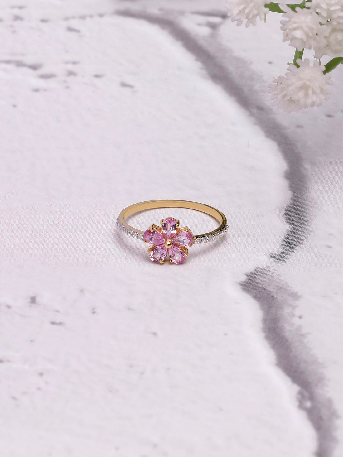 Flower 14K Gold Pink Sapphire & Diamond Ring - Unique Design