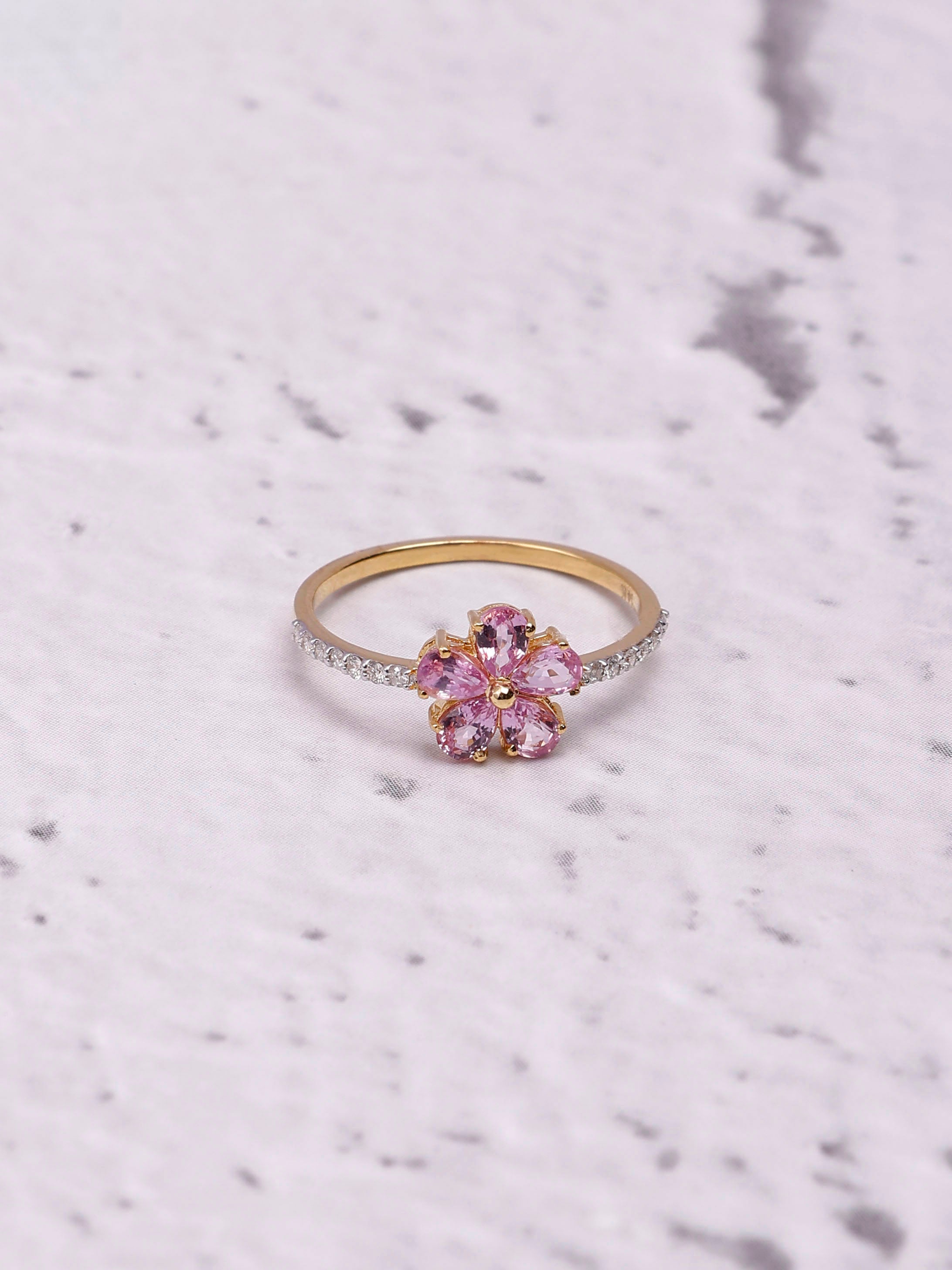 Flower 14K Gold Pink Sapphire & Diamond Ring - Unique Design