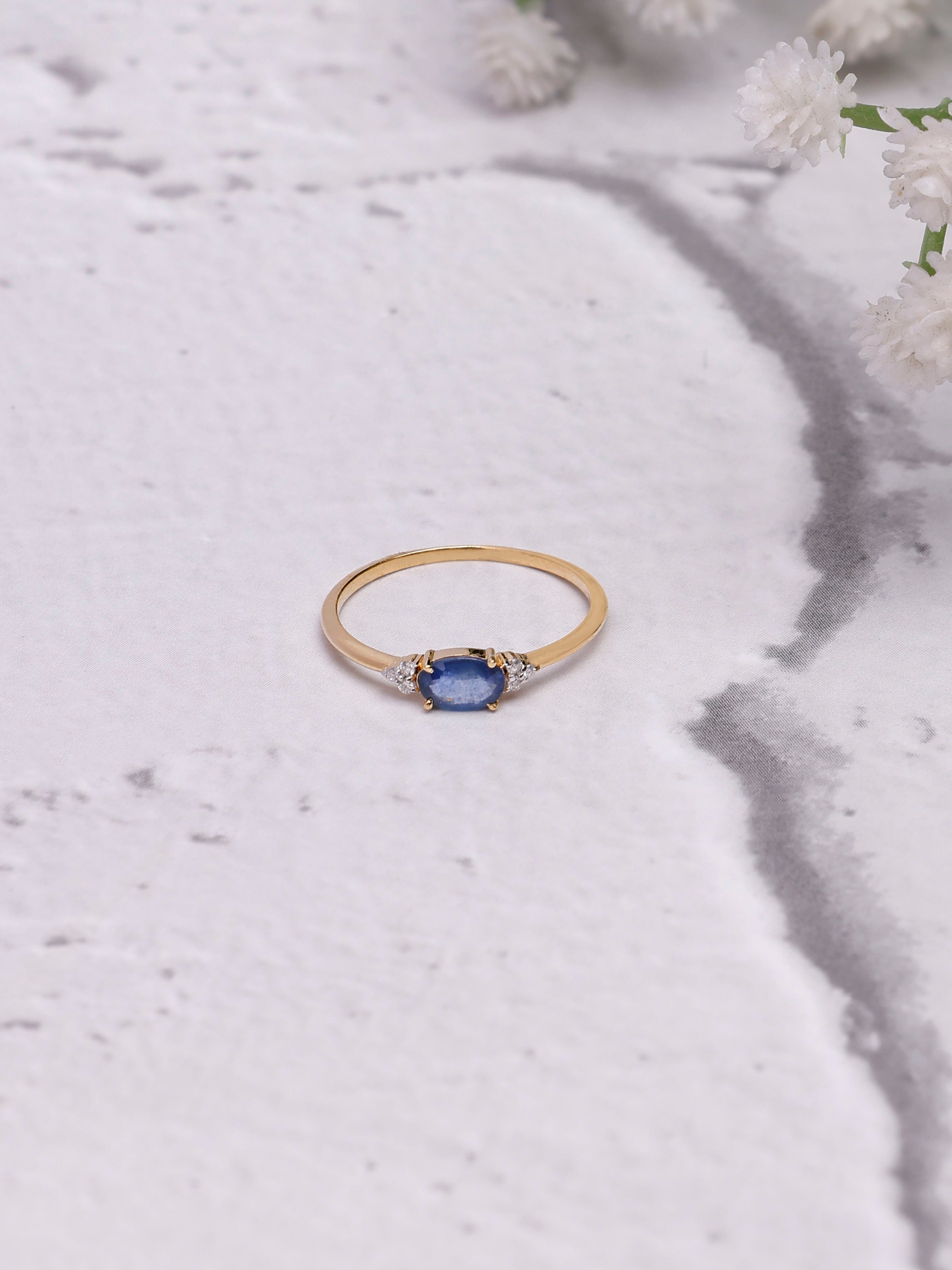 14K Gold Blue Sapphire Ring: Diamond Eternity Band, Dainty Gift