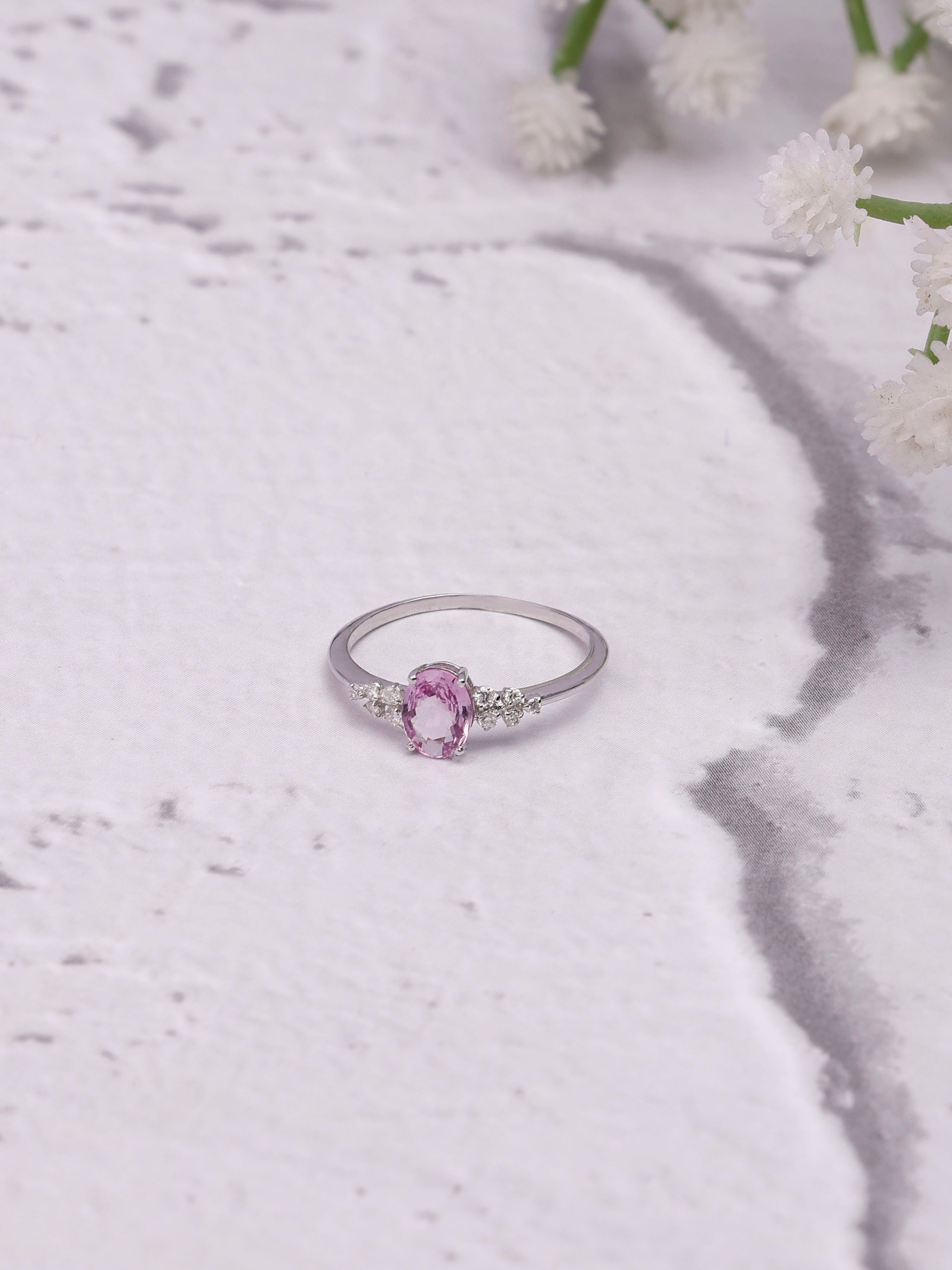 14K Gold Pink Sapphire Ring: Diamond Accent, Dainty Design for Her