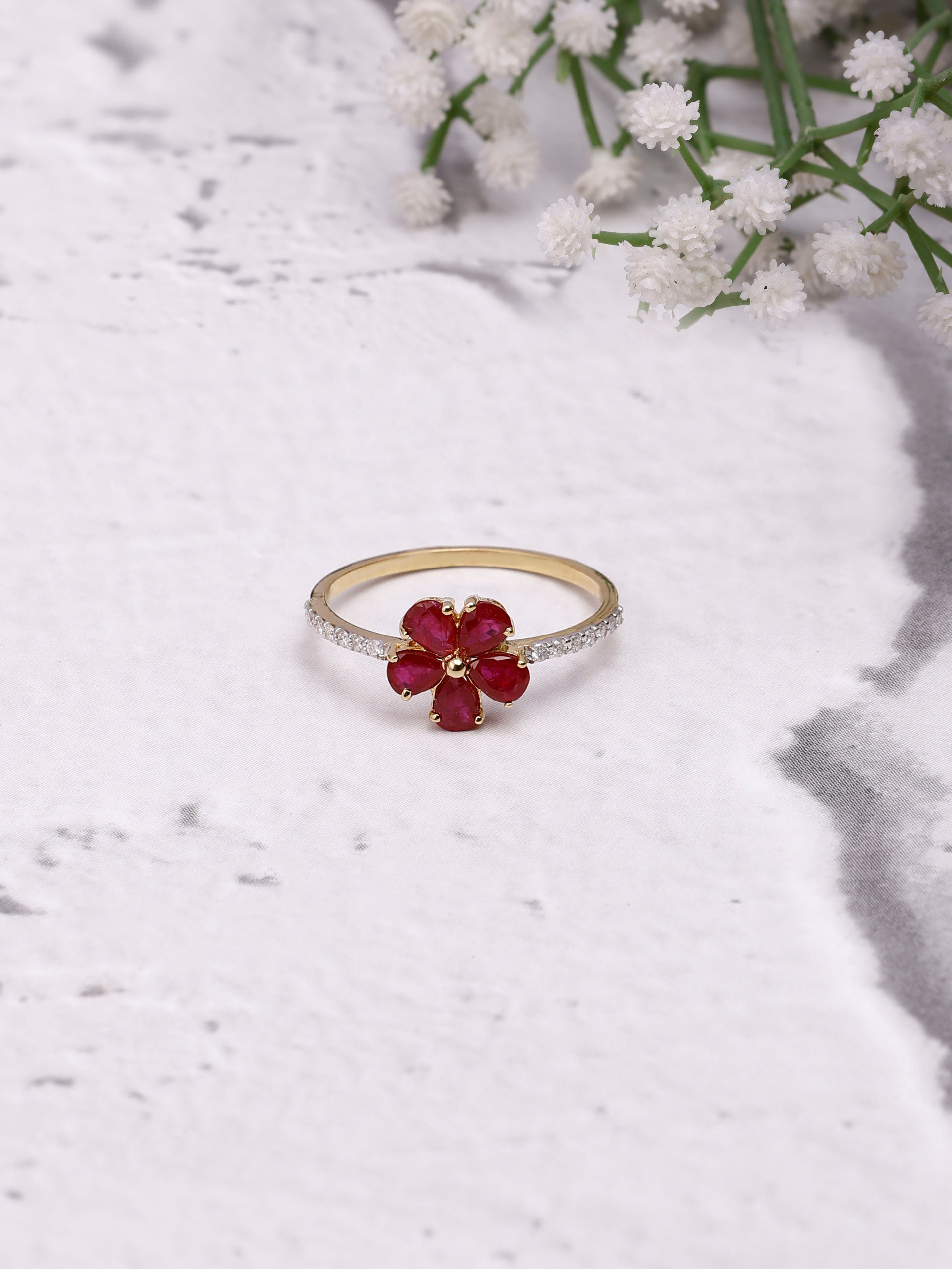 14K Gold Flower Ring: Pear Ruby & Diamond Accent