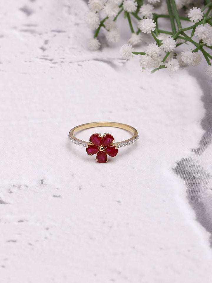 14K Gold Flower Ring: Pear Ruby & Diamond Accent
