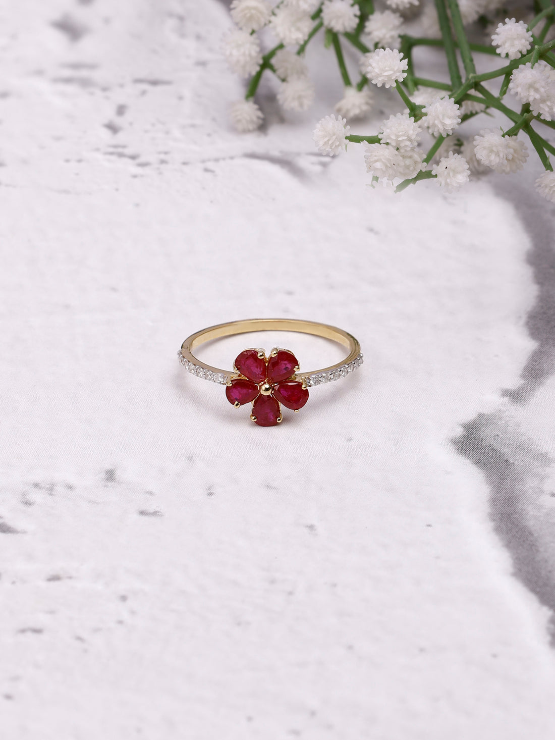 14K Gold Flower Ring: Pear Ruby & Diamond Accent