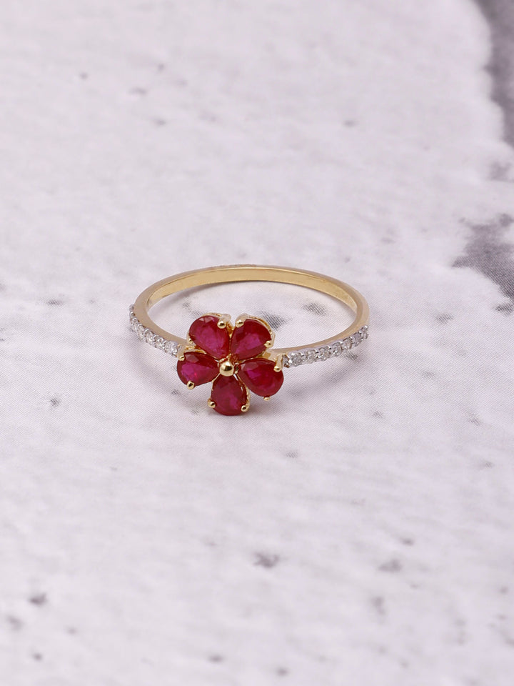 14K Gold Flower Ring: Pear Ruby & Diamond Accent