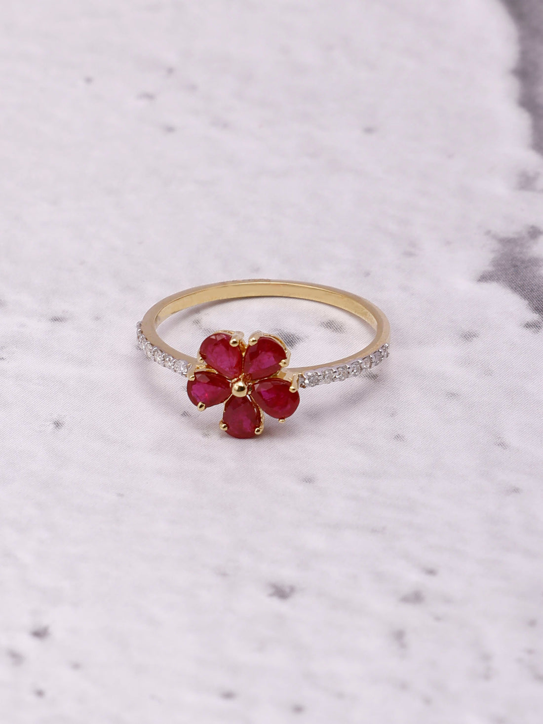 14K Gold Flower Ring: Pear Ruby & Diamond Accent