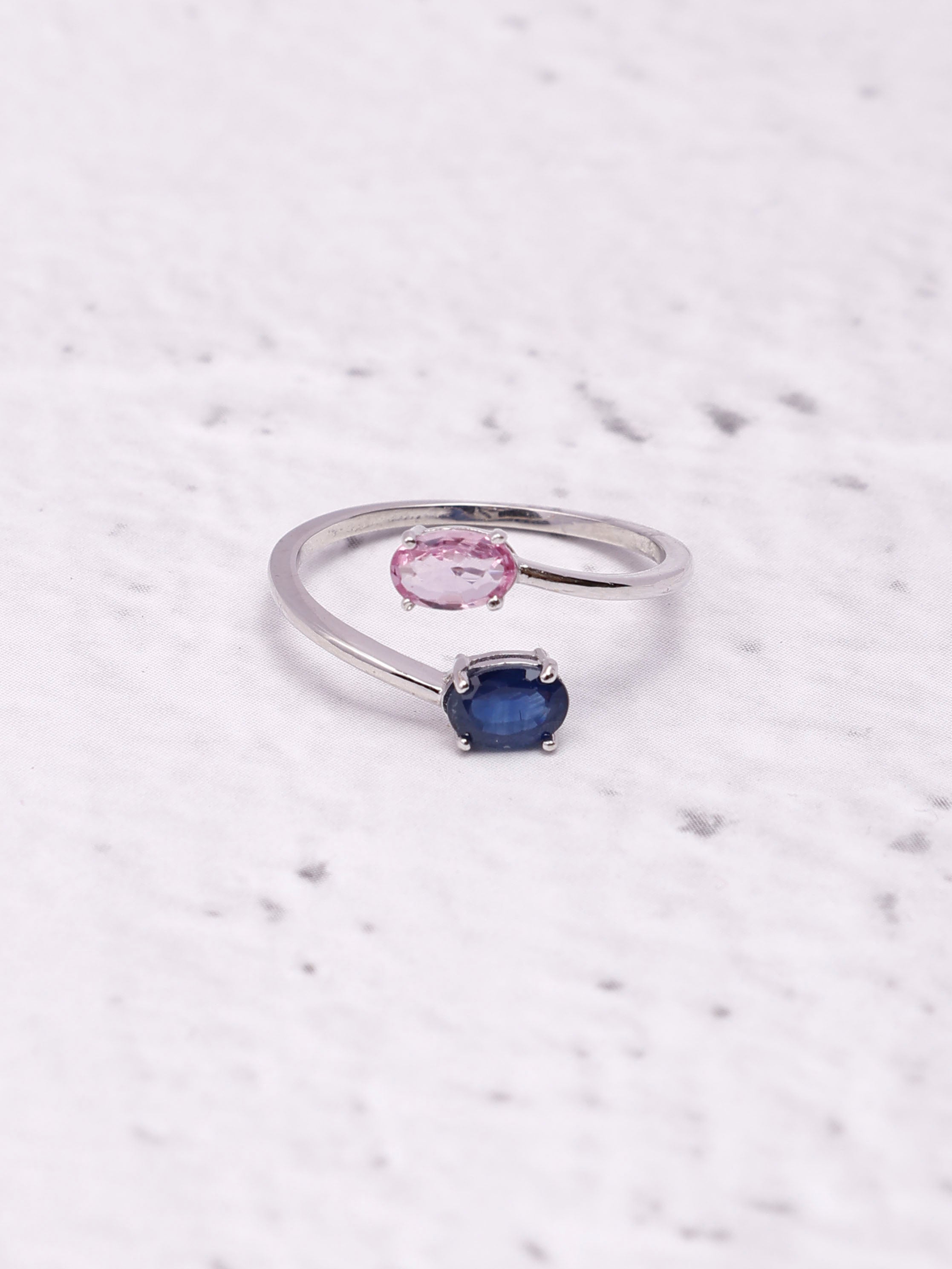14K Gold Blue and Pink Sapphire Huggie Ring: Two stones design Ring
