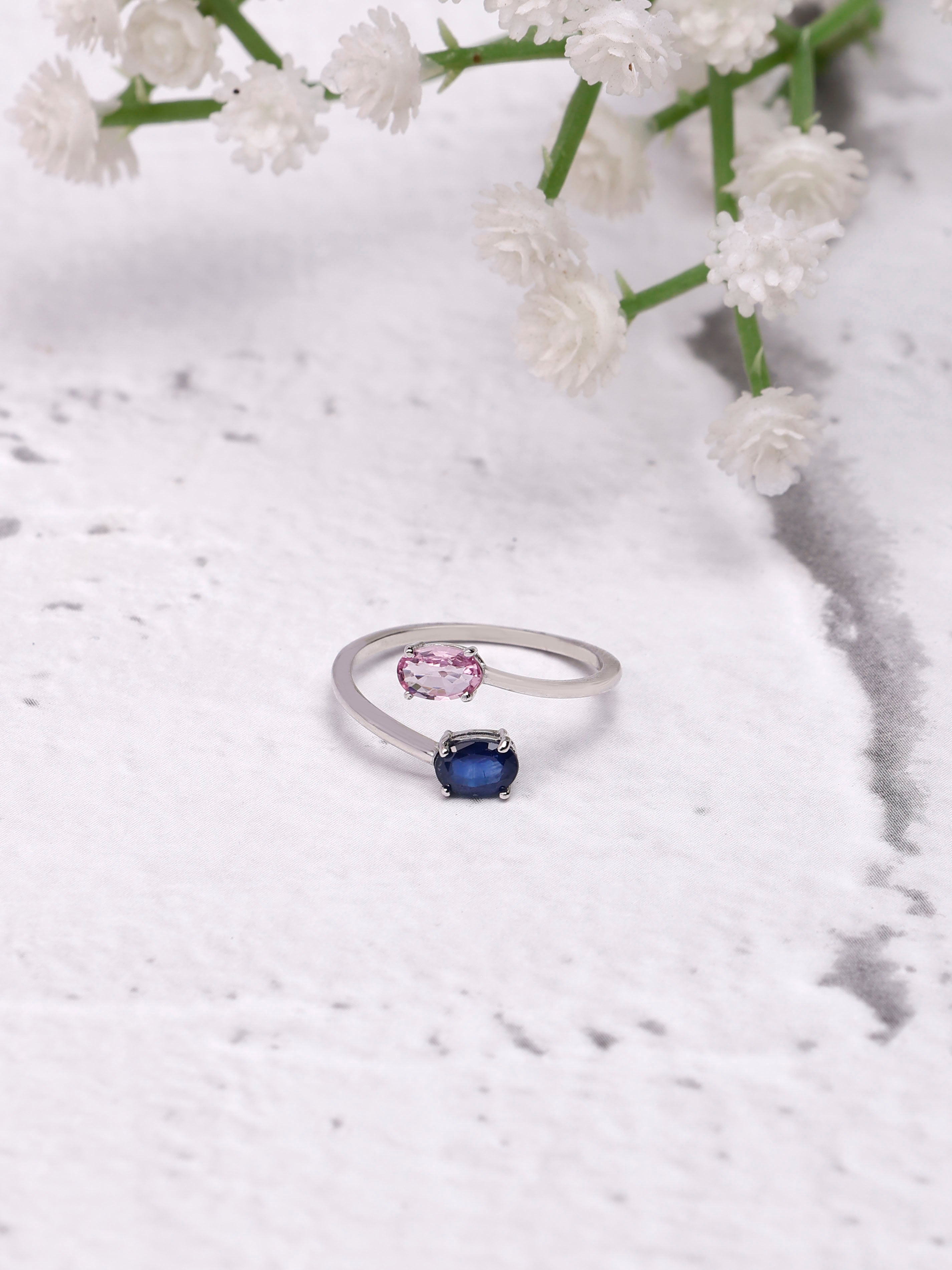 14K Gold Blue and Pink Sapphire Huggie Ring: Two stones design Ring