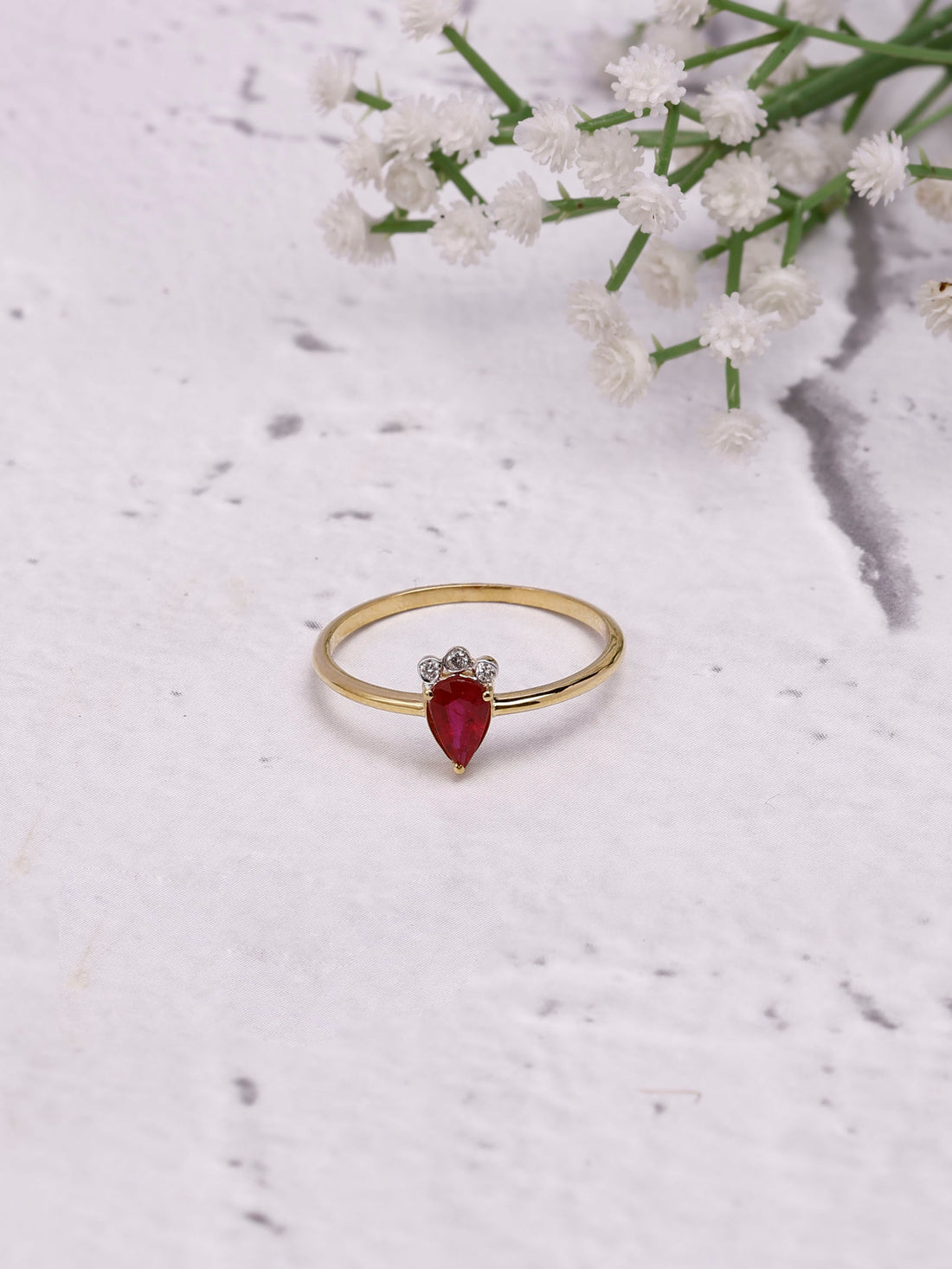 14K Gold Ruby and Diamond Ring: Queen Pear Cut Design Dainty Eternity Design