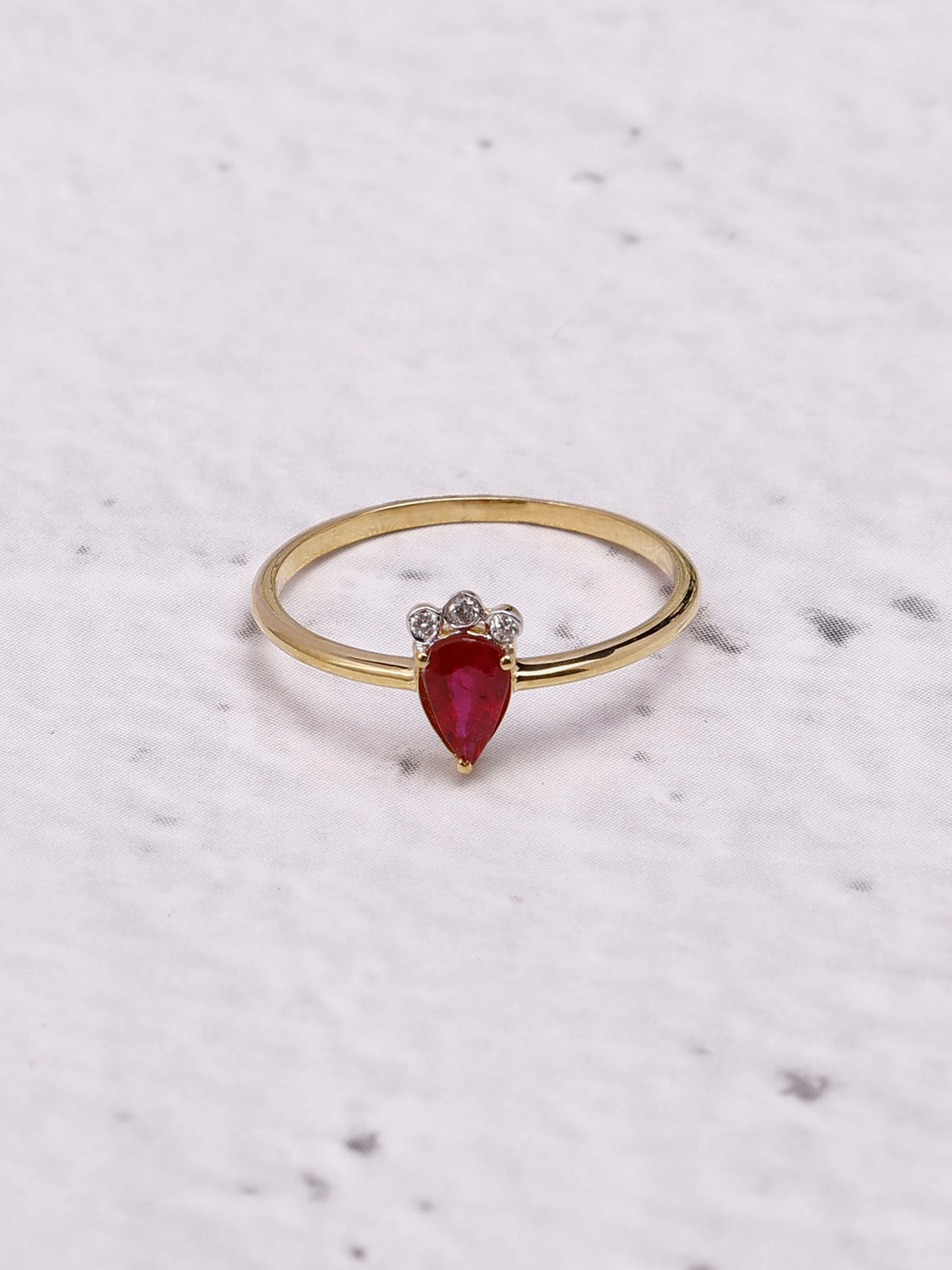 14K Gold Ruby and Diamond Ring: Queen Pear Cut Design Dainty Eternity Design