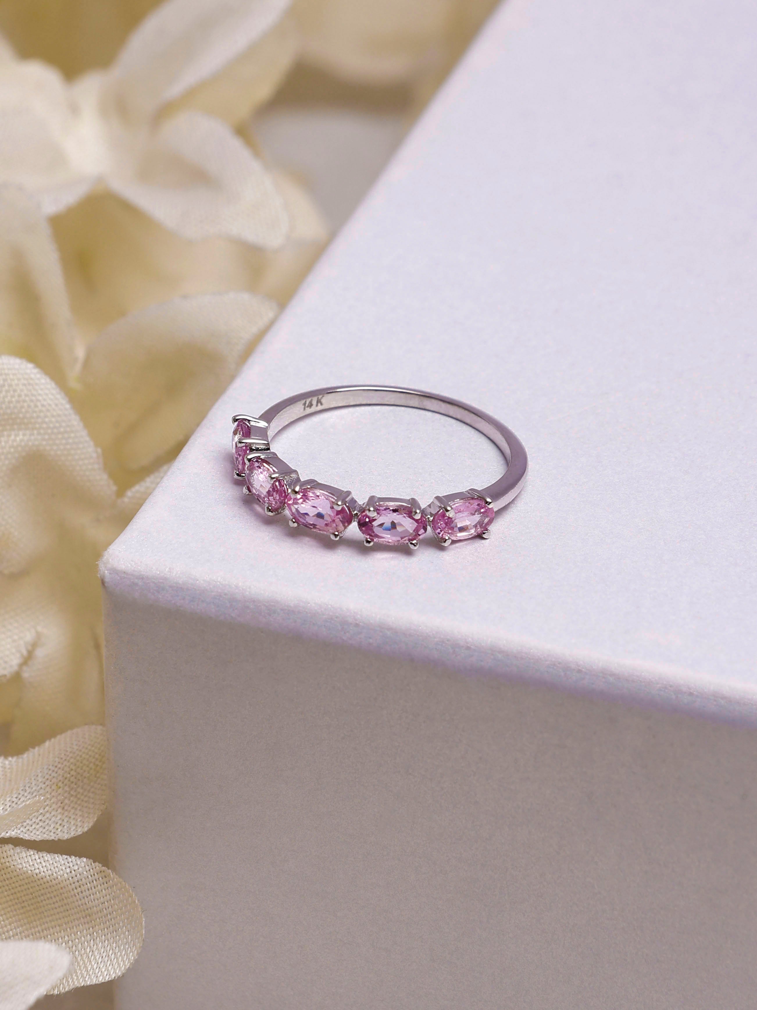 14K Gold Pink Sapphire Oval Ring: Statement Eternity Band