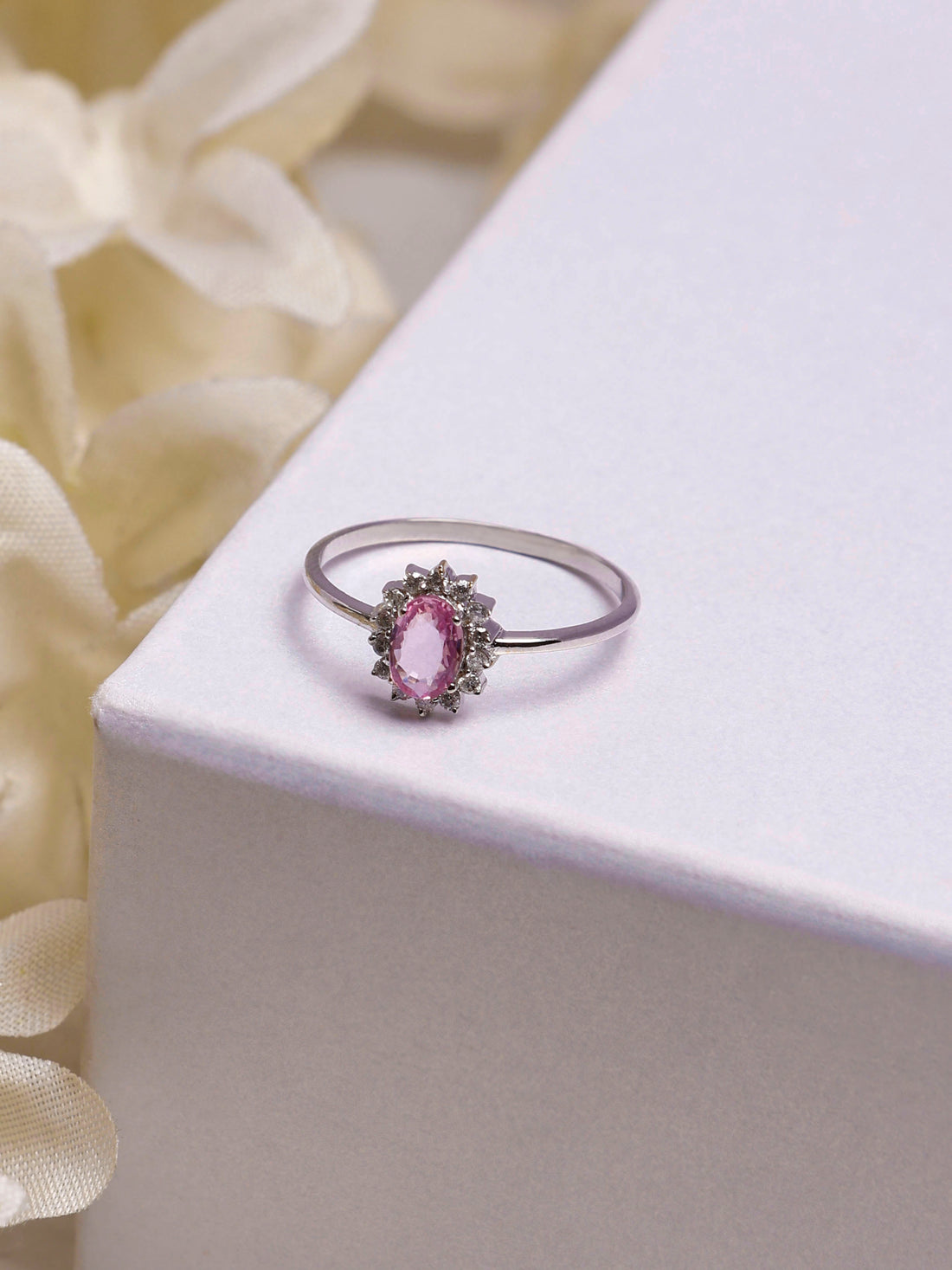 Sunflower 14K Gold Pink Sapphire Ring: Diamond Accent, Dainty Design for Her