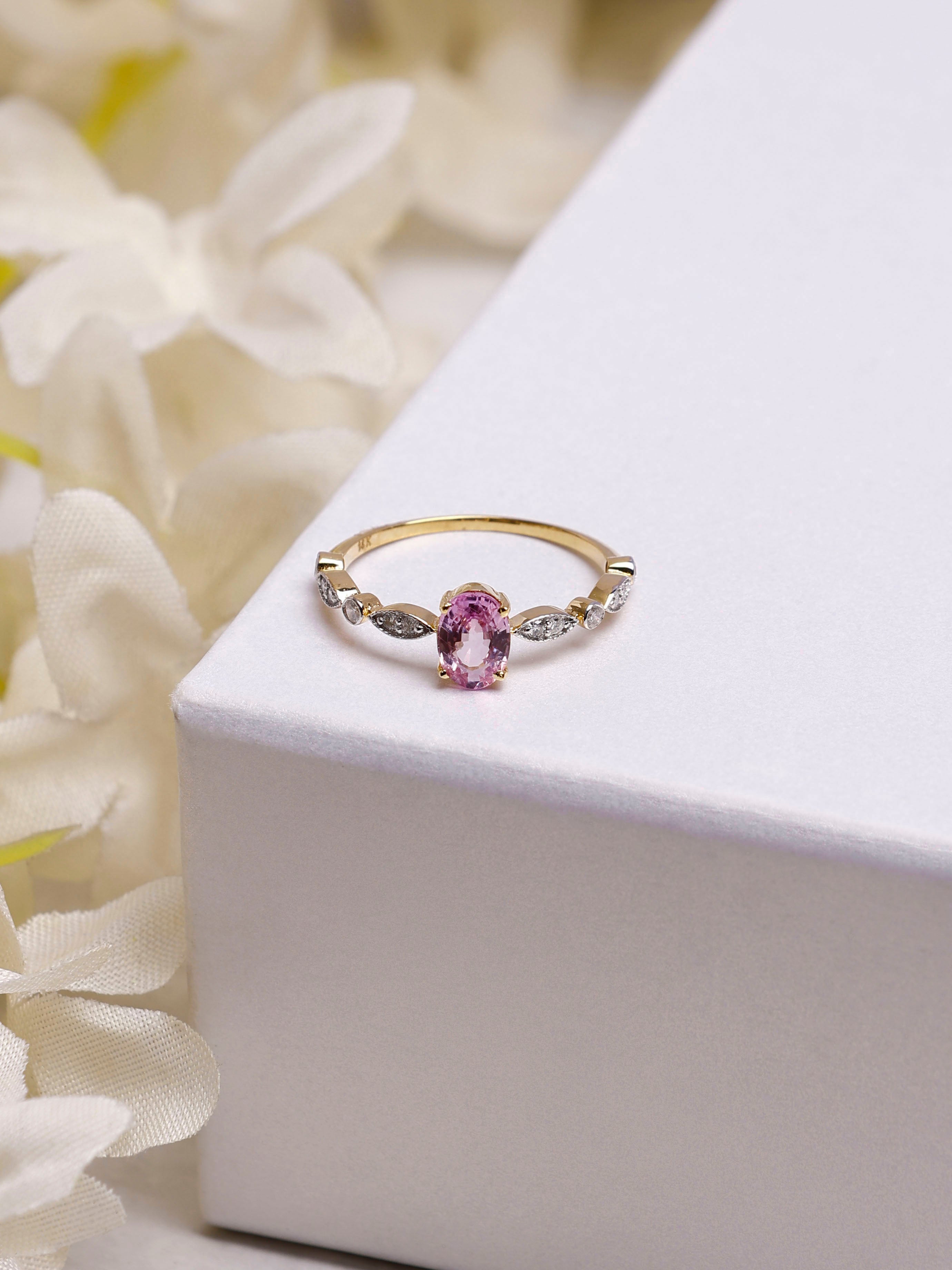 14K Gold Pink Sapphire & Diamond Oval Ring - Unique Design