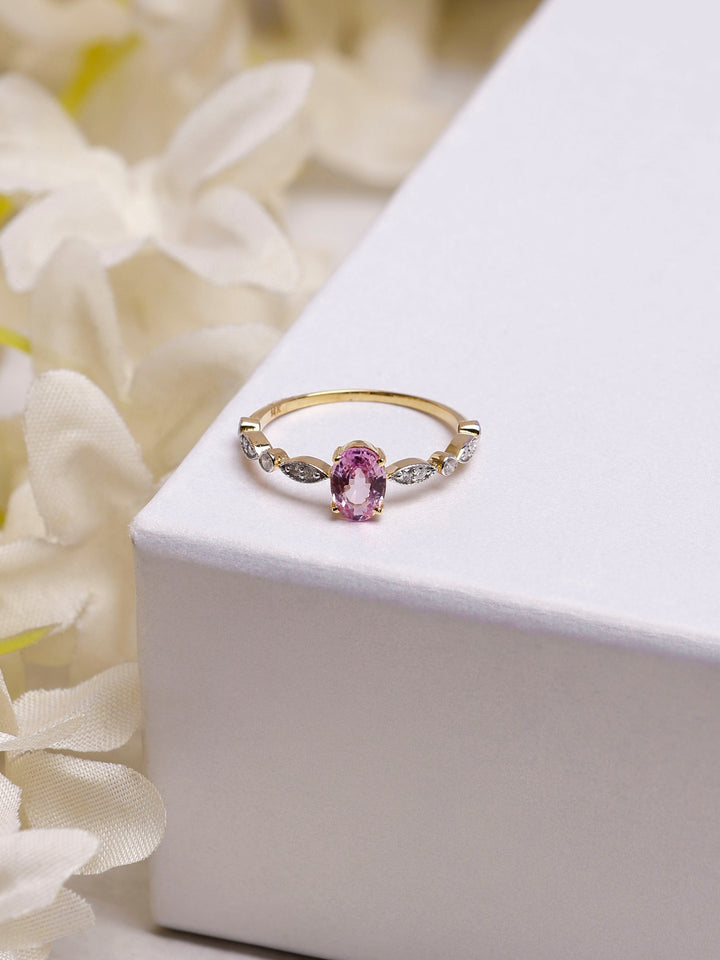 14K Gold Pink Sapphire & Diamond Oval Ring - Unique Design