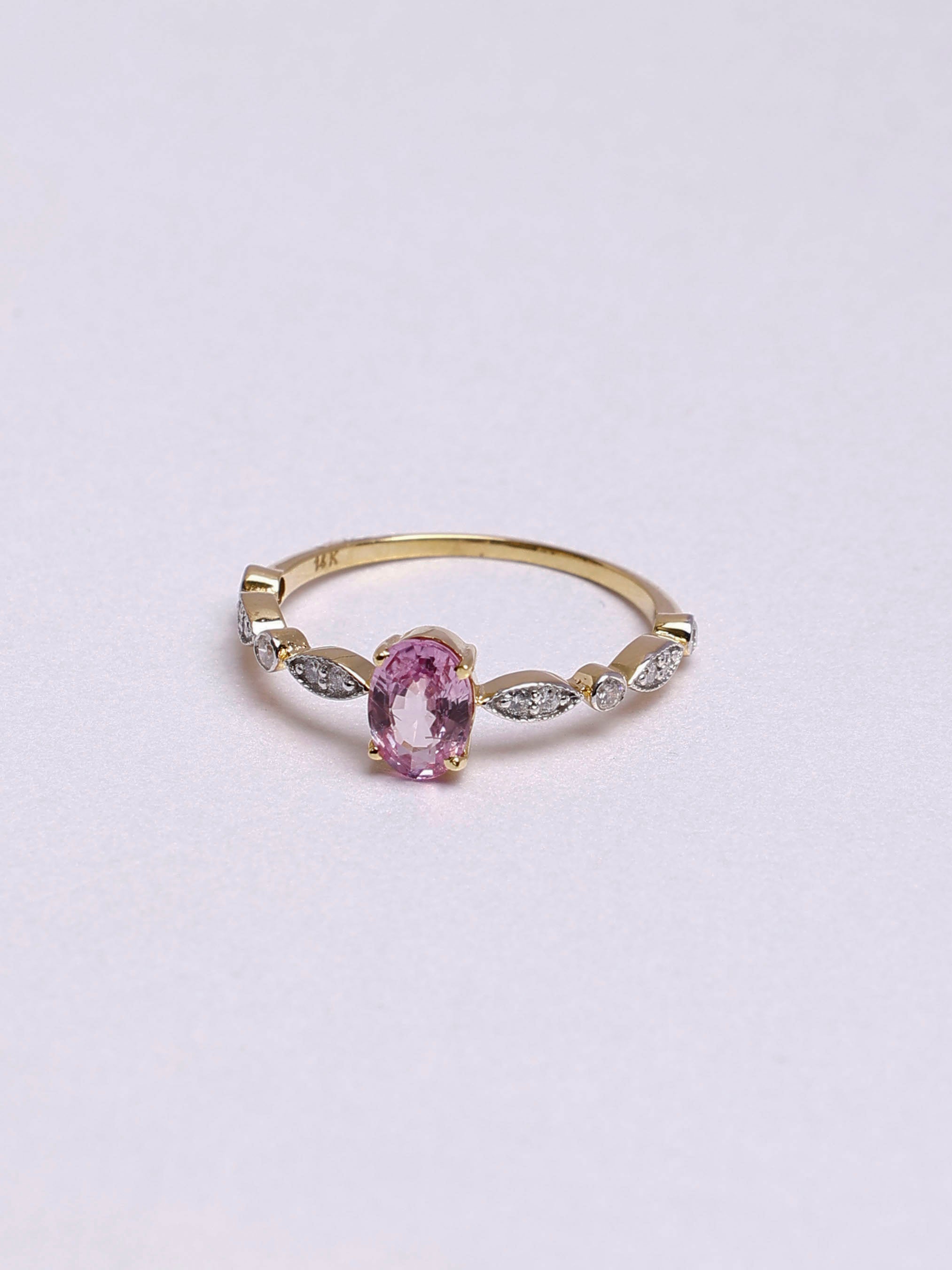 14K Gold Pink Sapphire & Diamond Oval Ring - Unique Design