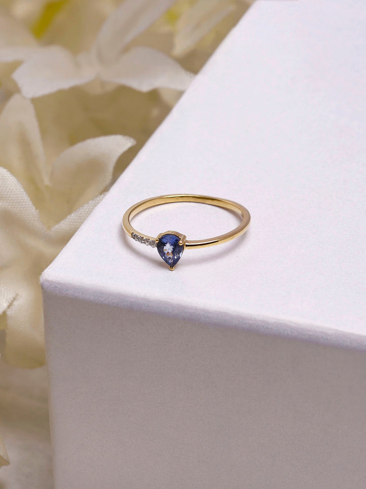 Anne Hathaway inspired 14K Gold Blue Sapphire Pear Ring: One Side Diamond design Eternity Band, Dainty Gift