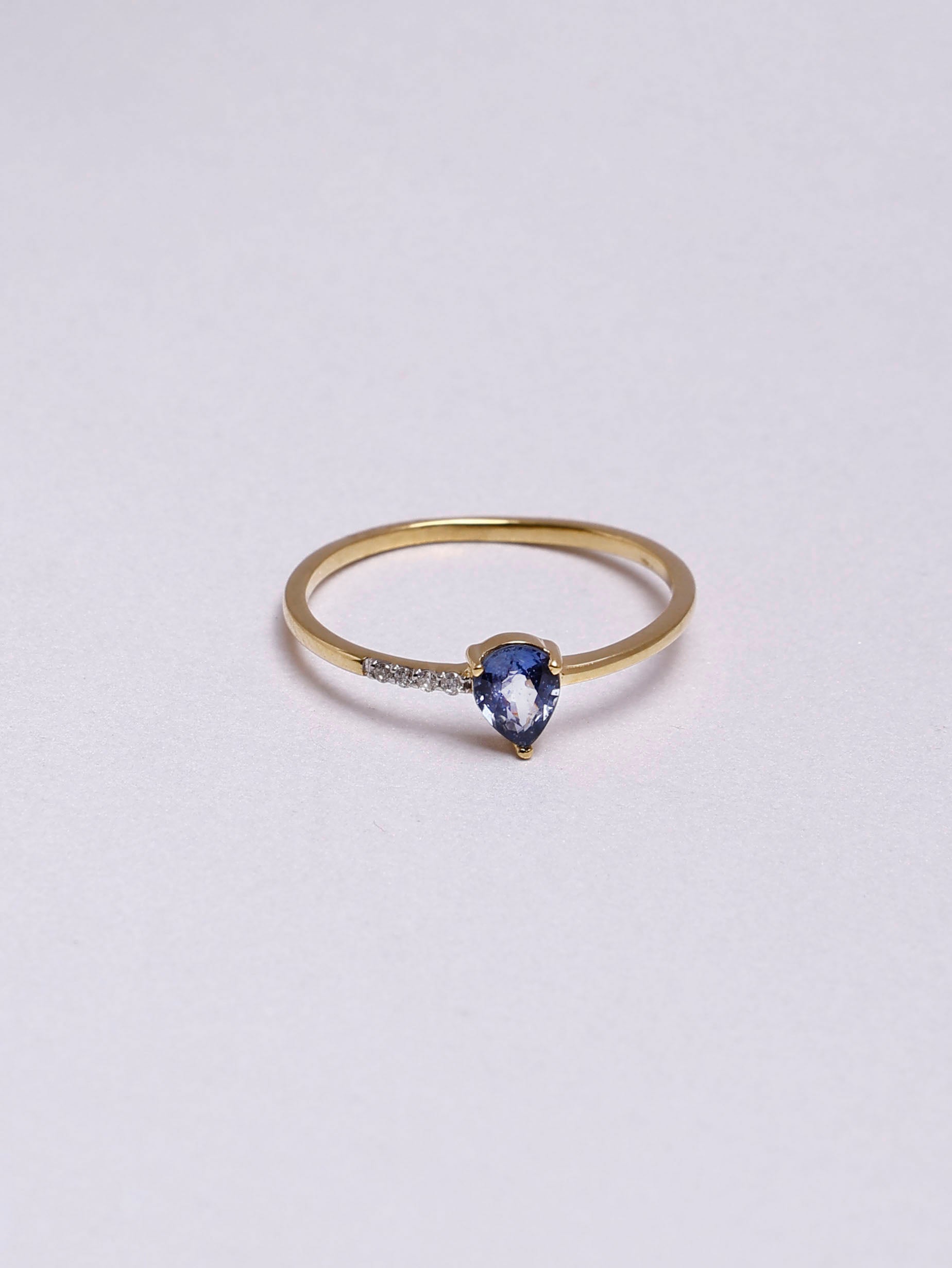 Anne Hathaway inspired 14K Gold Blue Sapphire Pear Ring: One Side Diamond design Eternity Band, Dainty Gift
