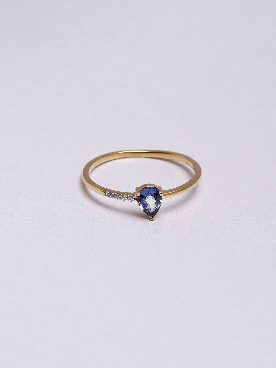 Anne Hathaway inspired 14K Gold Blue Sapphire Pear Ring: One Side Diamond design Eternity Band, Dainty Gift