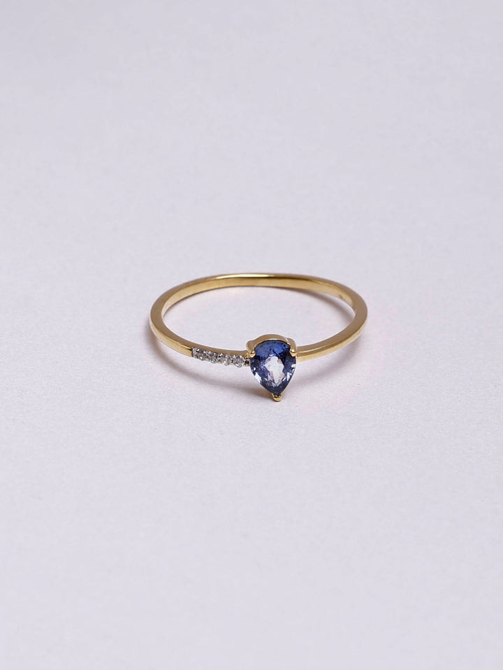 Anne Hathaway inspired 14K Gold Blue Sapphire Pear Ring: One Side Diamond design Eternity Band, Dainty Gift