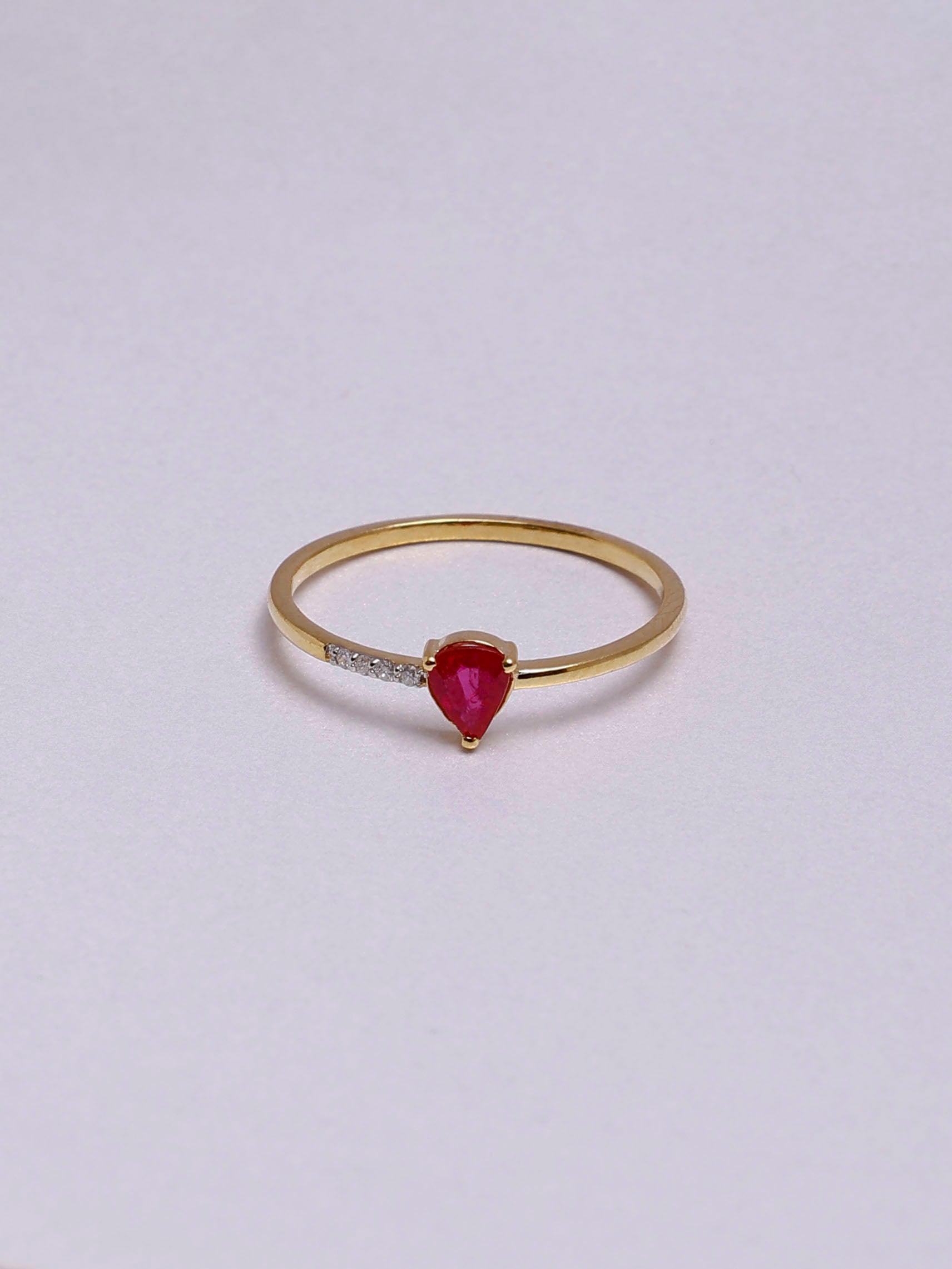 14K Gold Ruby and one side Diamond design Ring Pear cut stone design