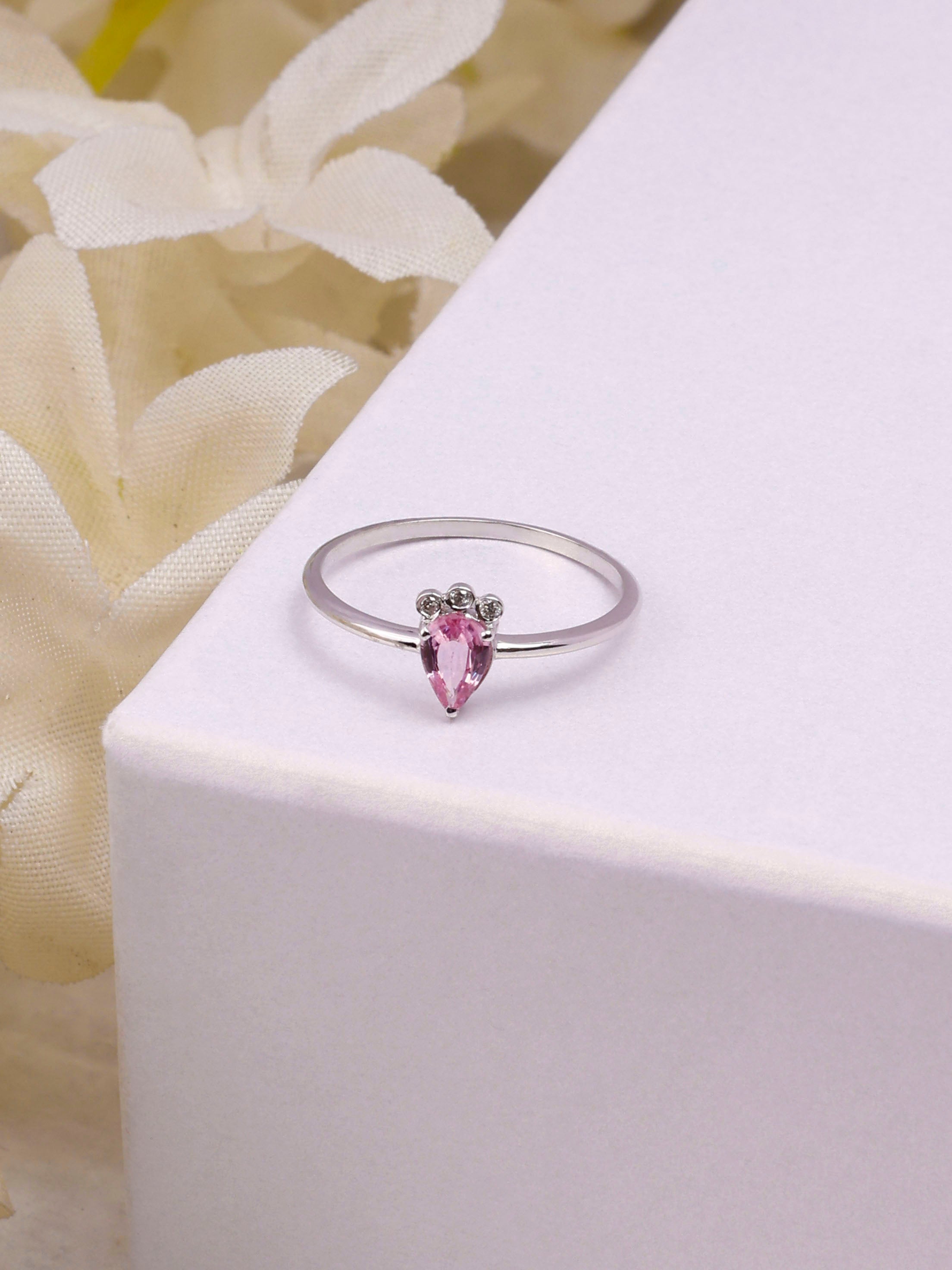 14K Gold Pink Sapphire Queen Ring: Diamond Accent, Dainty Design Three Stone Design