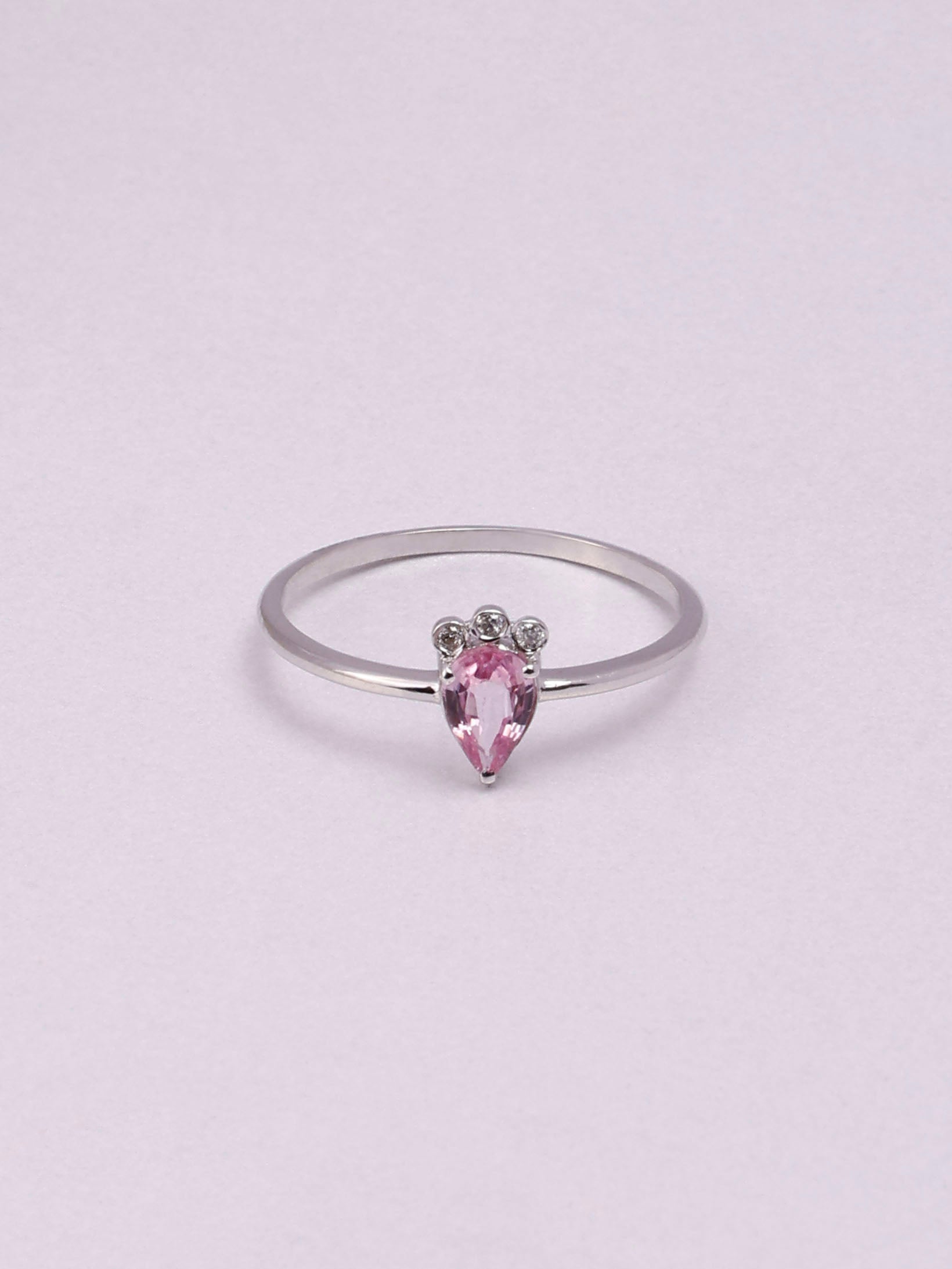 14K Gold Pink Sapphire Queen Ring: Diamond Accent, Dainty Design Three Stone Design