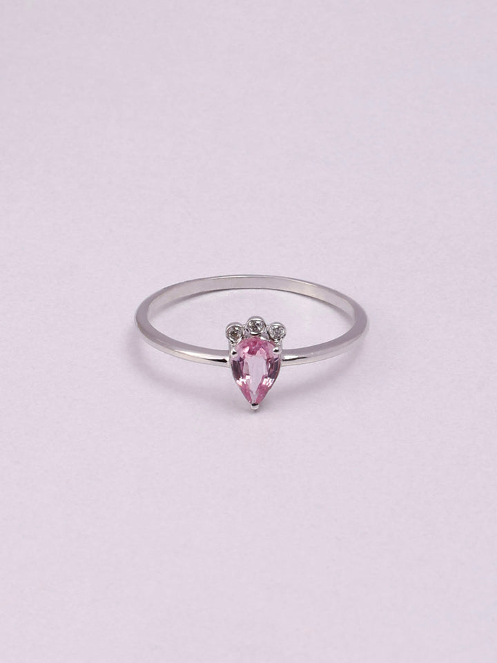 14K Gold Pink Sapphire Queen Ring: Diamond Accent, Dainty Design Three Stone Design