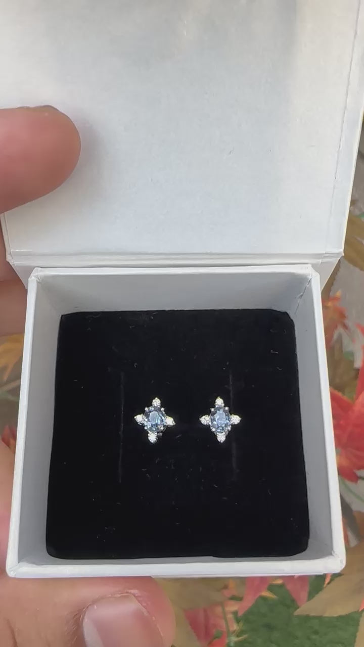 14K Gold Blue Sapphire & Diamond Earrings: Luxury Star Studs