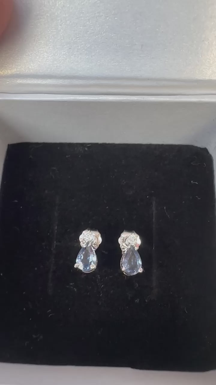 14K Gold Pear Cut Blue Sapphire and Diamond Earrings