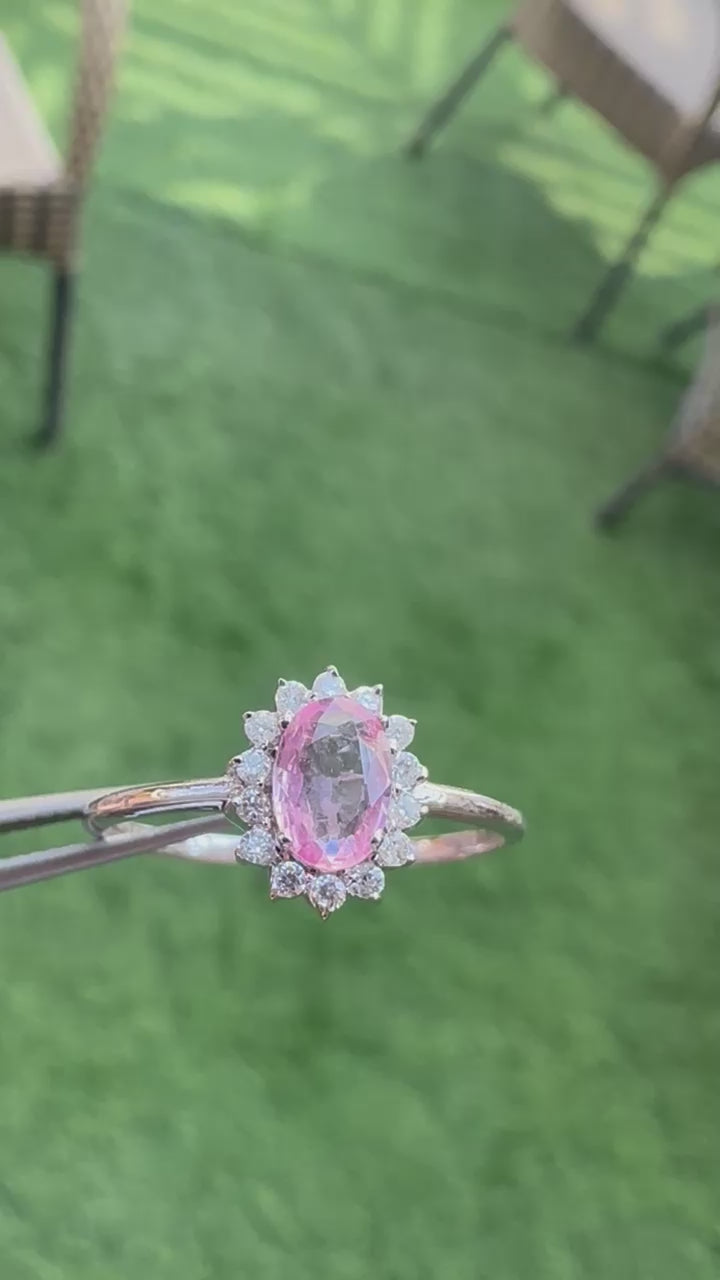 Sunflower 14K Gold Pink Sapphire Ring: Diamond Accent, Dainty Design for Her