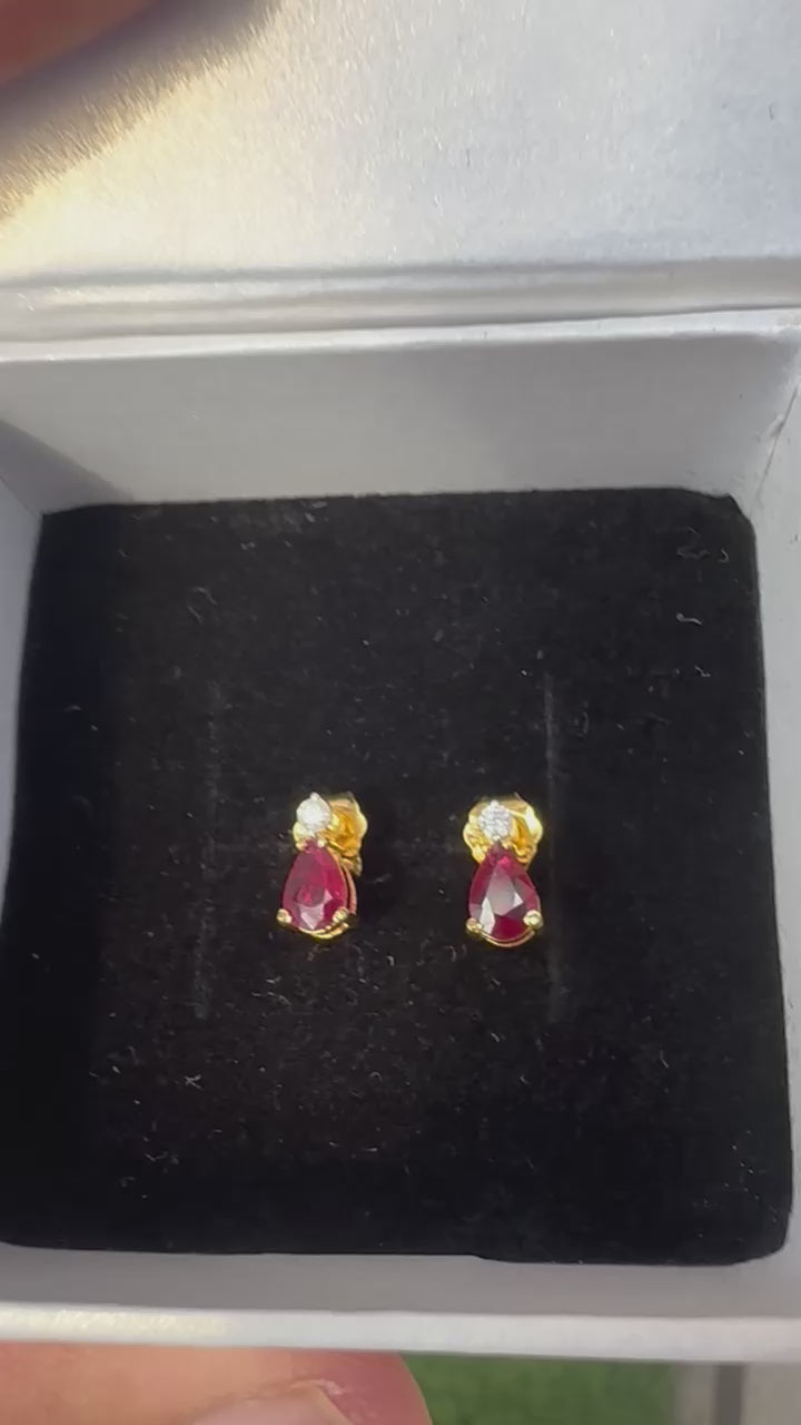 14K Gold Pear Cut Ruby Earrings: Diamond Accent, Luxury Gift
