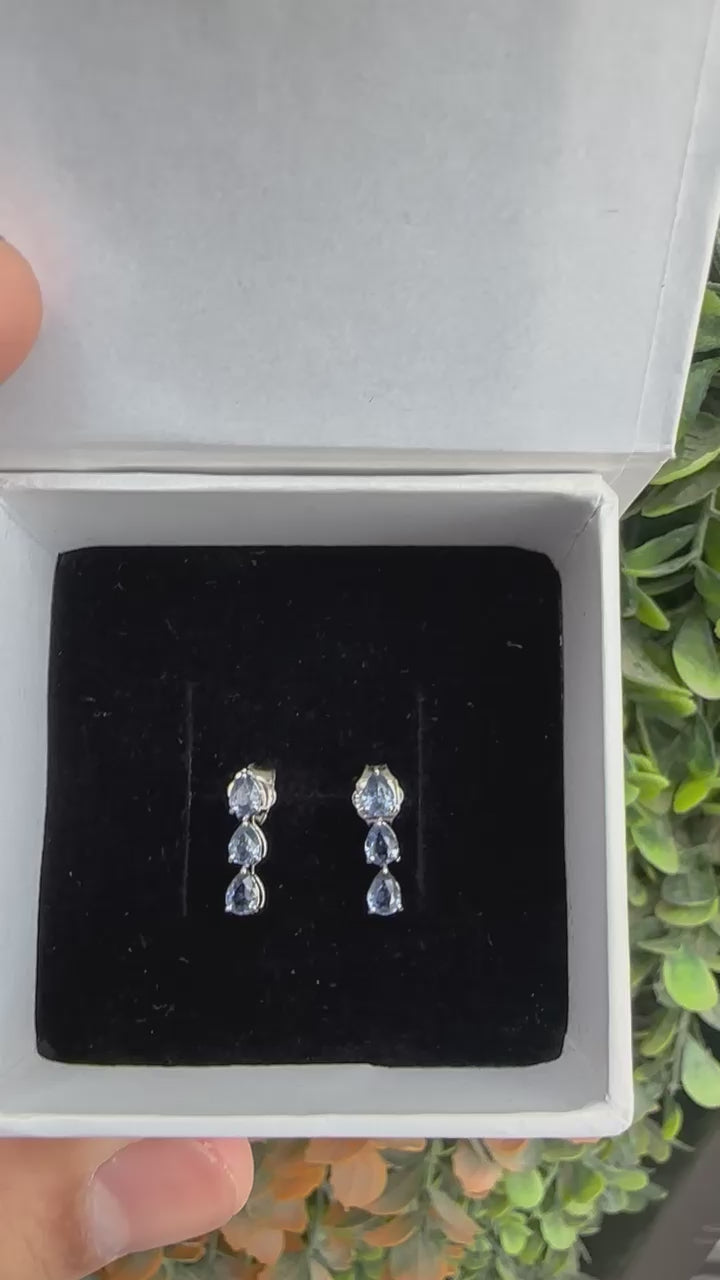 14K Gold Pear Cut Blue Sapphire Earrings: Three Stone Design