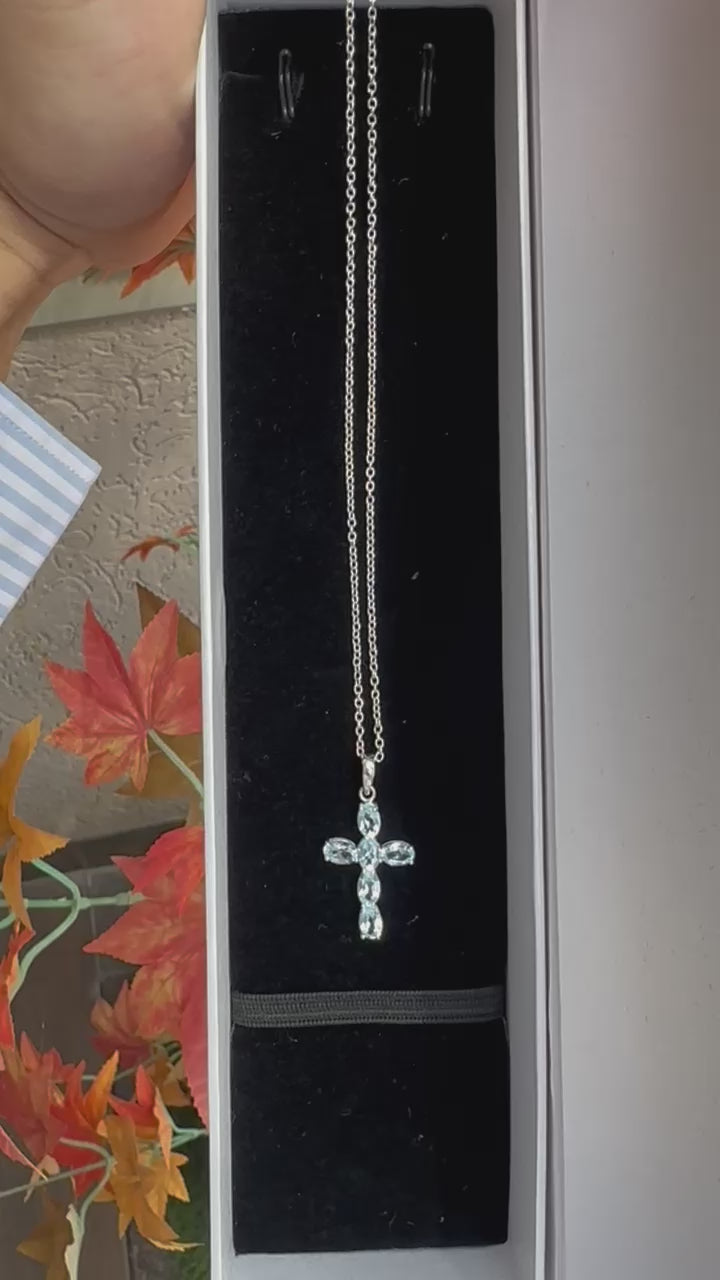 Cross Blue Topaz Pendant Silver Minimal pendant Gifts for girlfriend Unique Design Creative gifts for her Anniversary gifts Christmas gifts